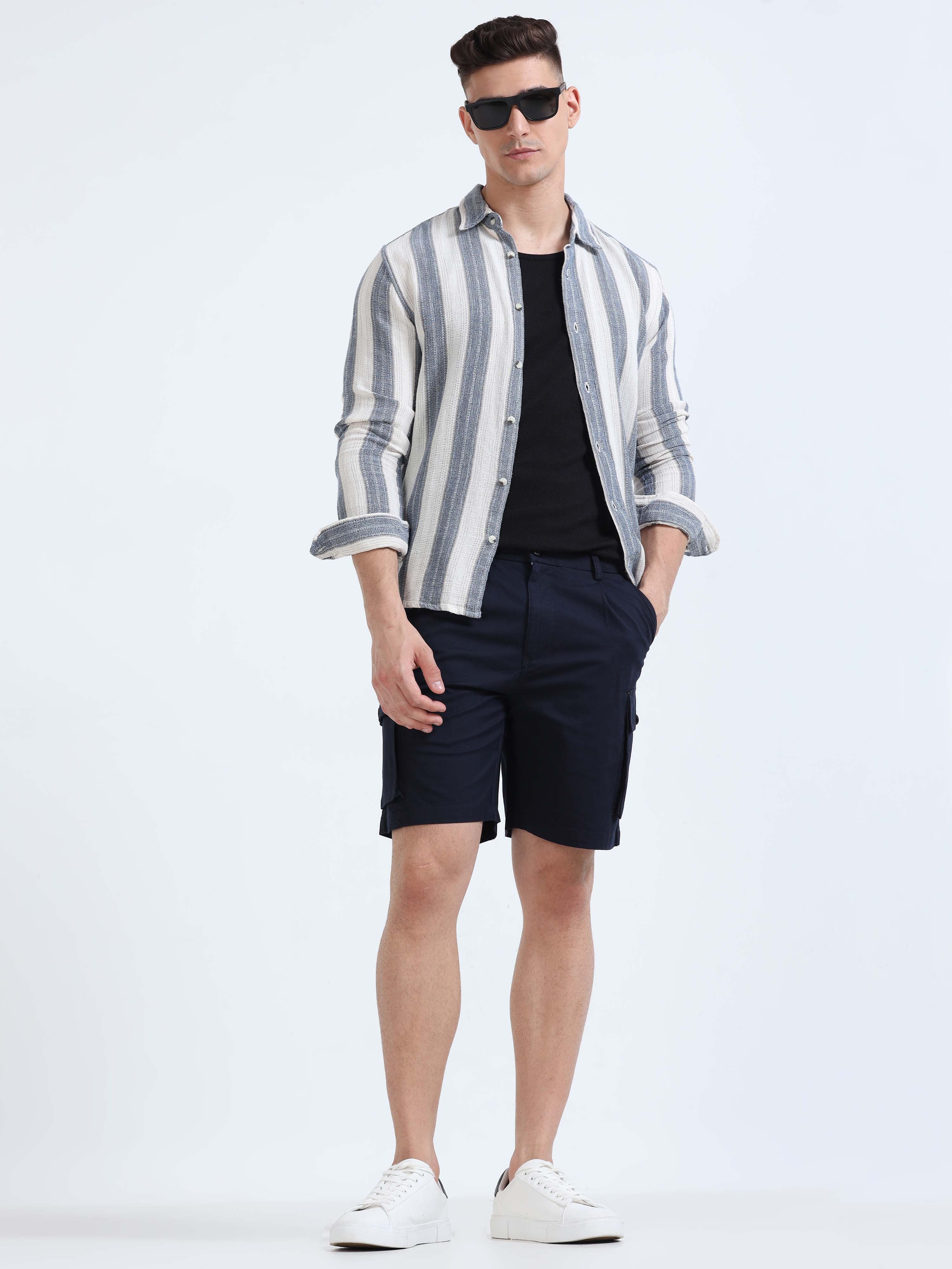 Soft Cotton Pleated Navy Cargo Shorts for Men