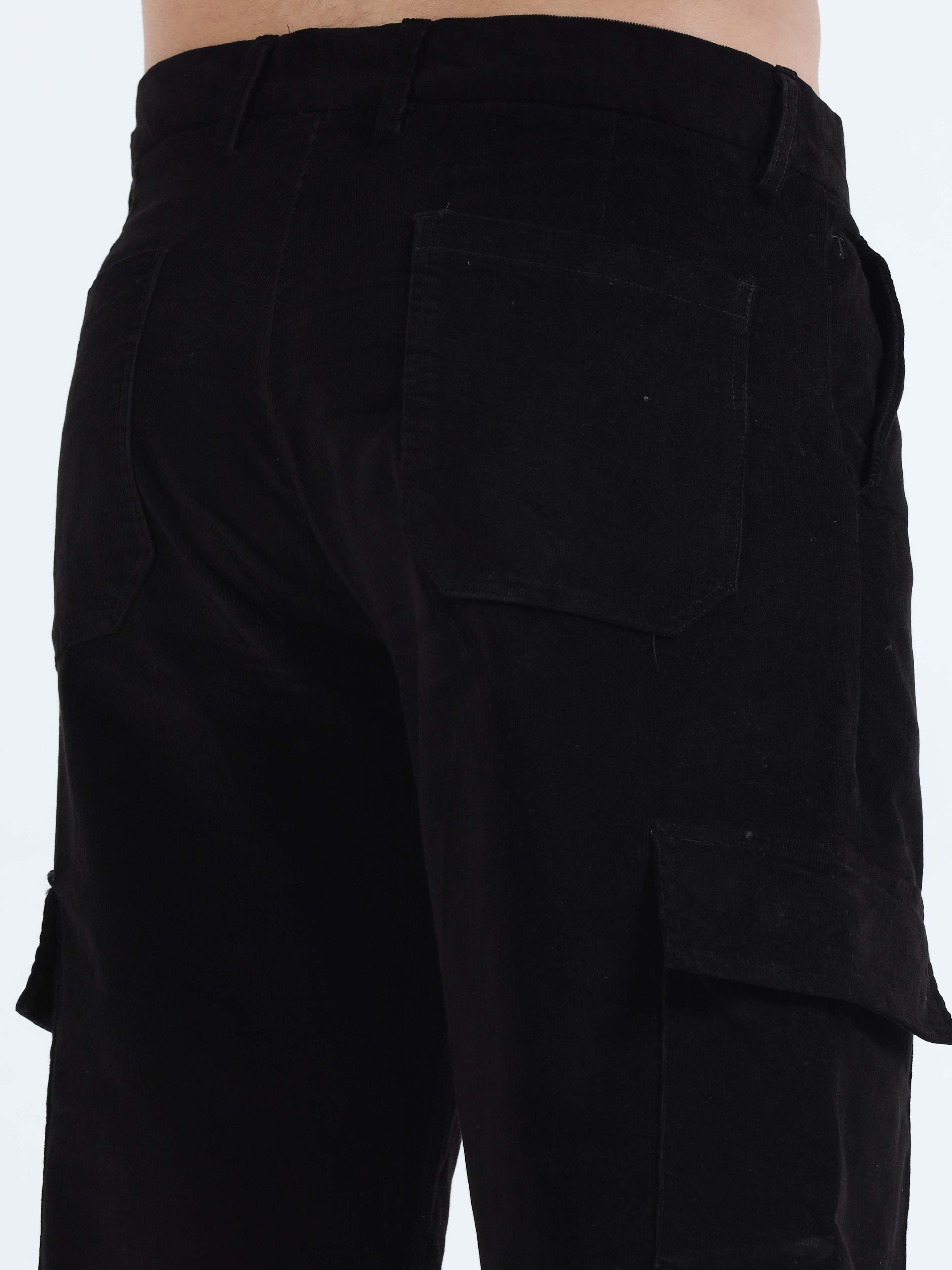 Soft Corduroy Black Relaxed Cargo Pant