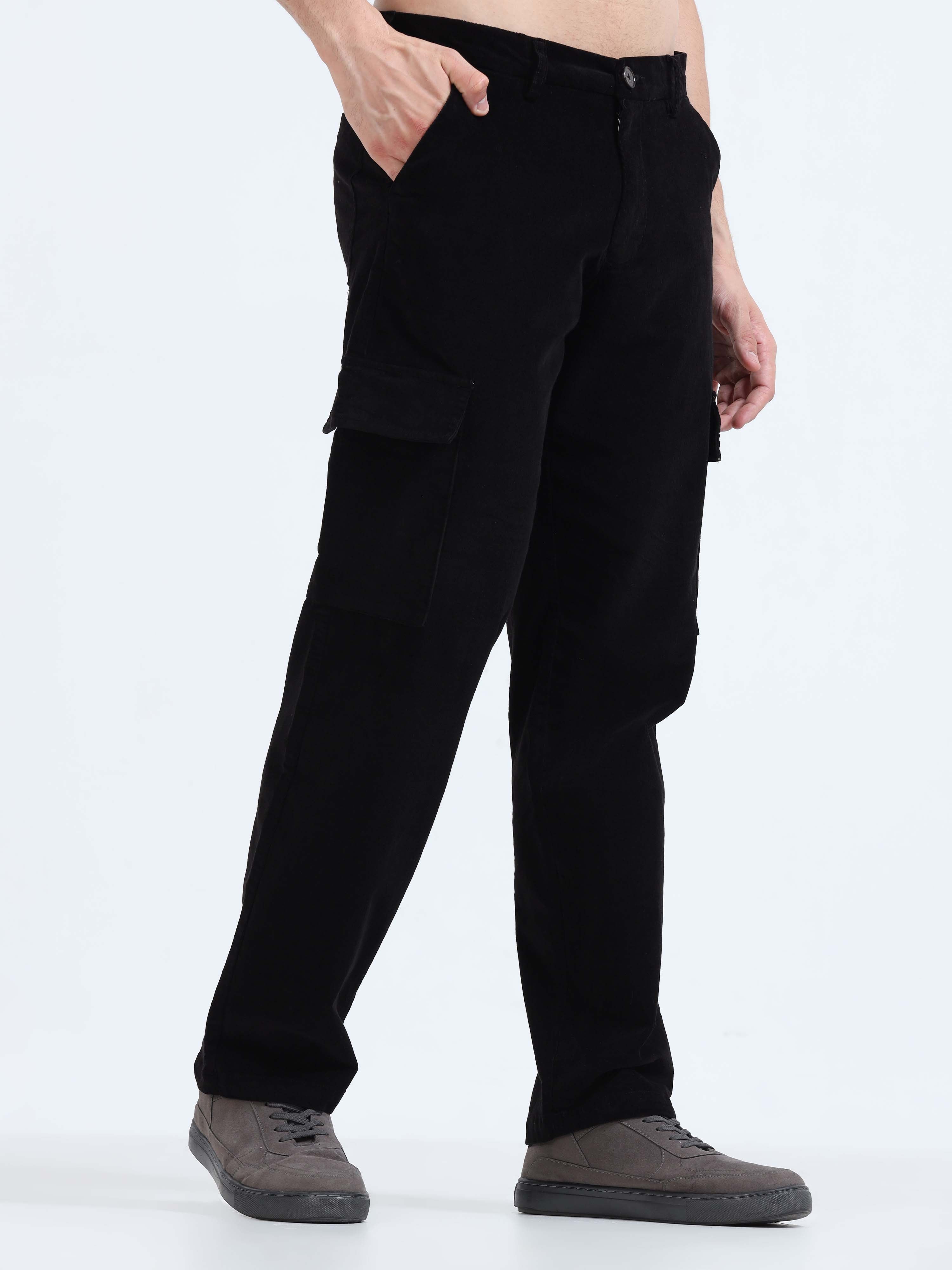 Soft Corduroy Black Relaxed Cargo Pant