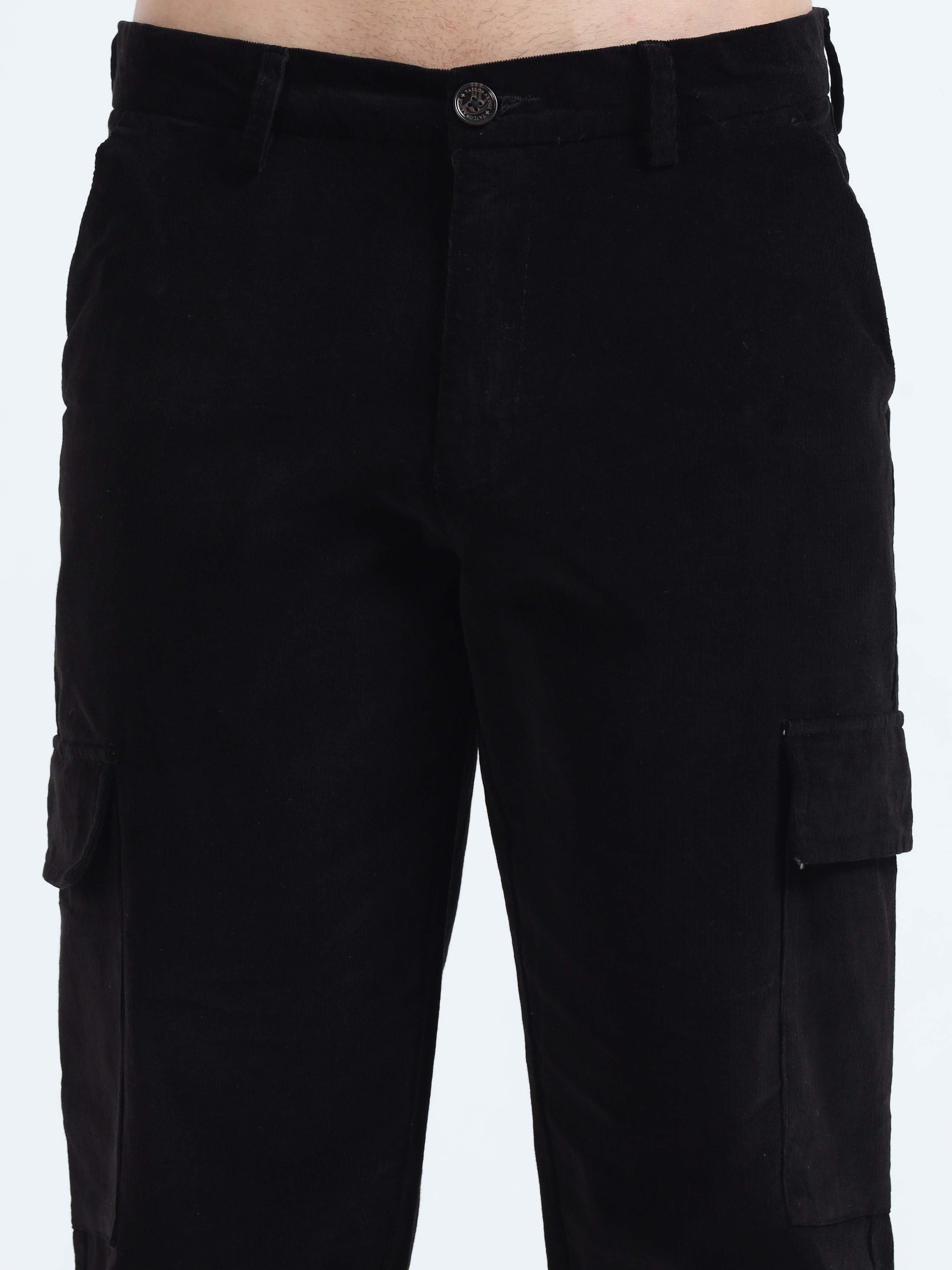 Soft Corduroy Black Relaxed Cargo Pant