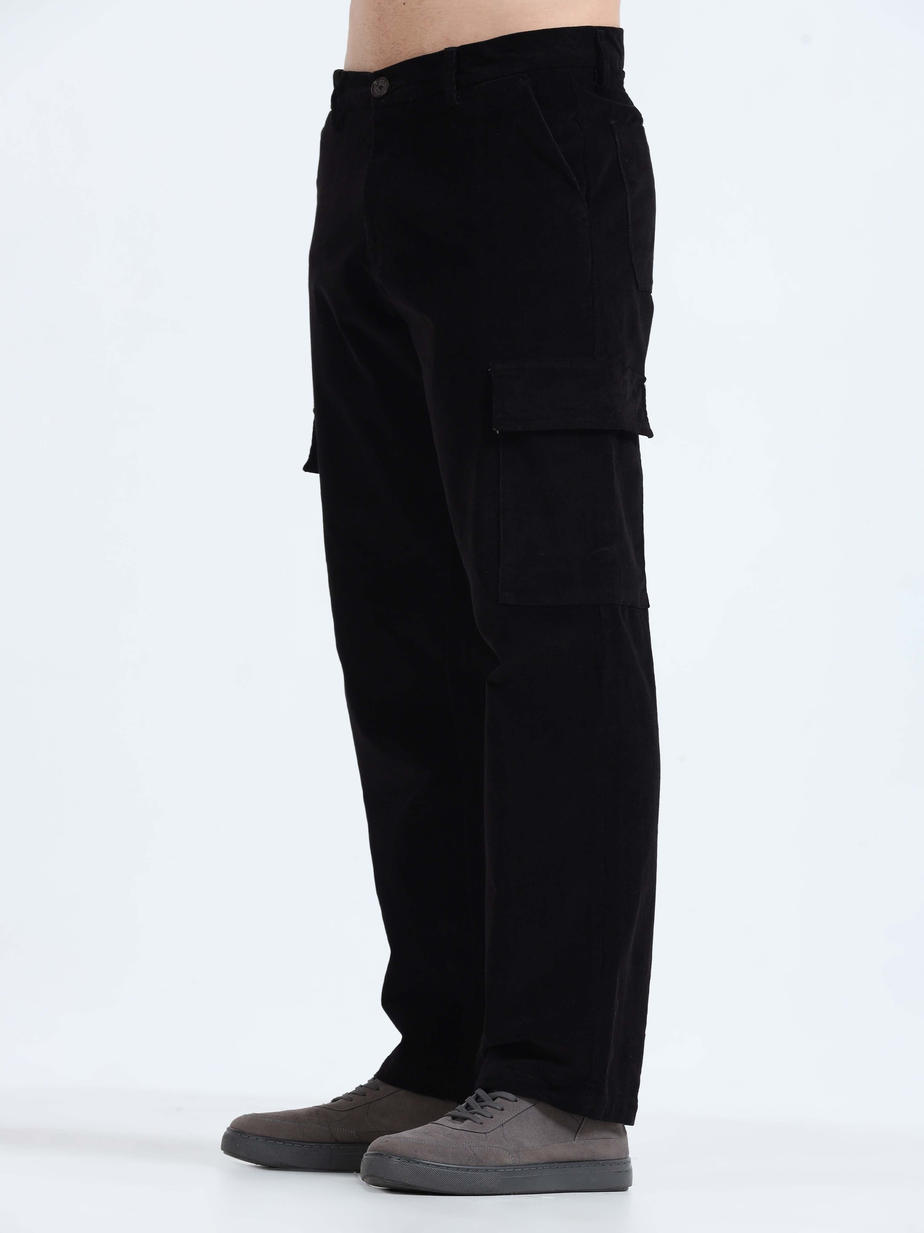 Soft Corduroy Black Relaxed Cargo Pant