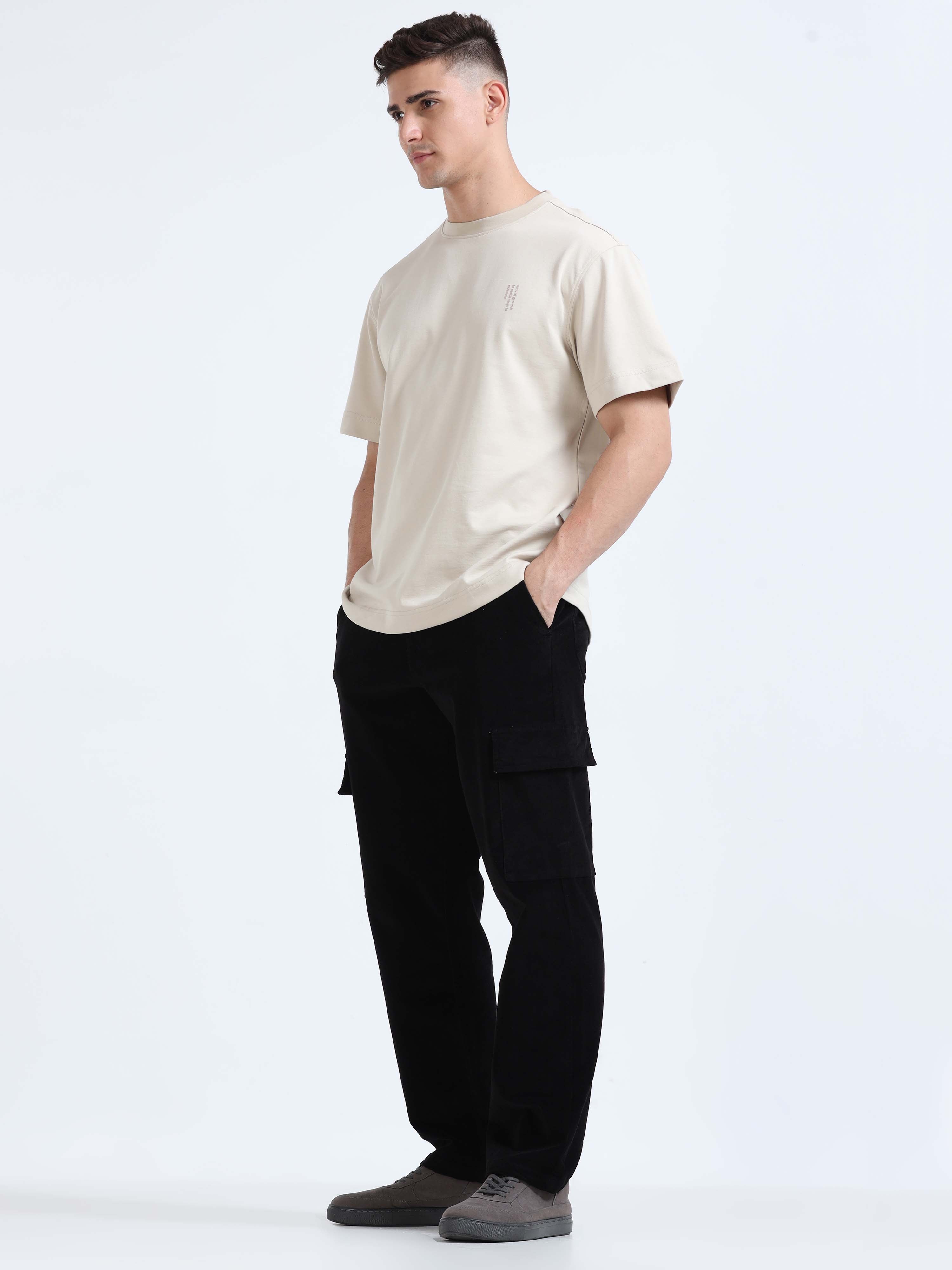 Soft Corduroy Black Relaxed Cargo Pant