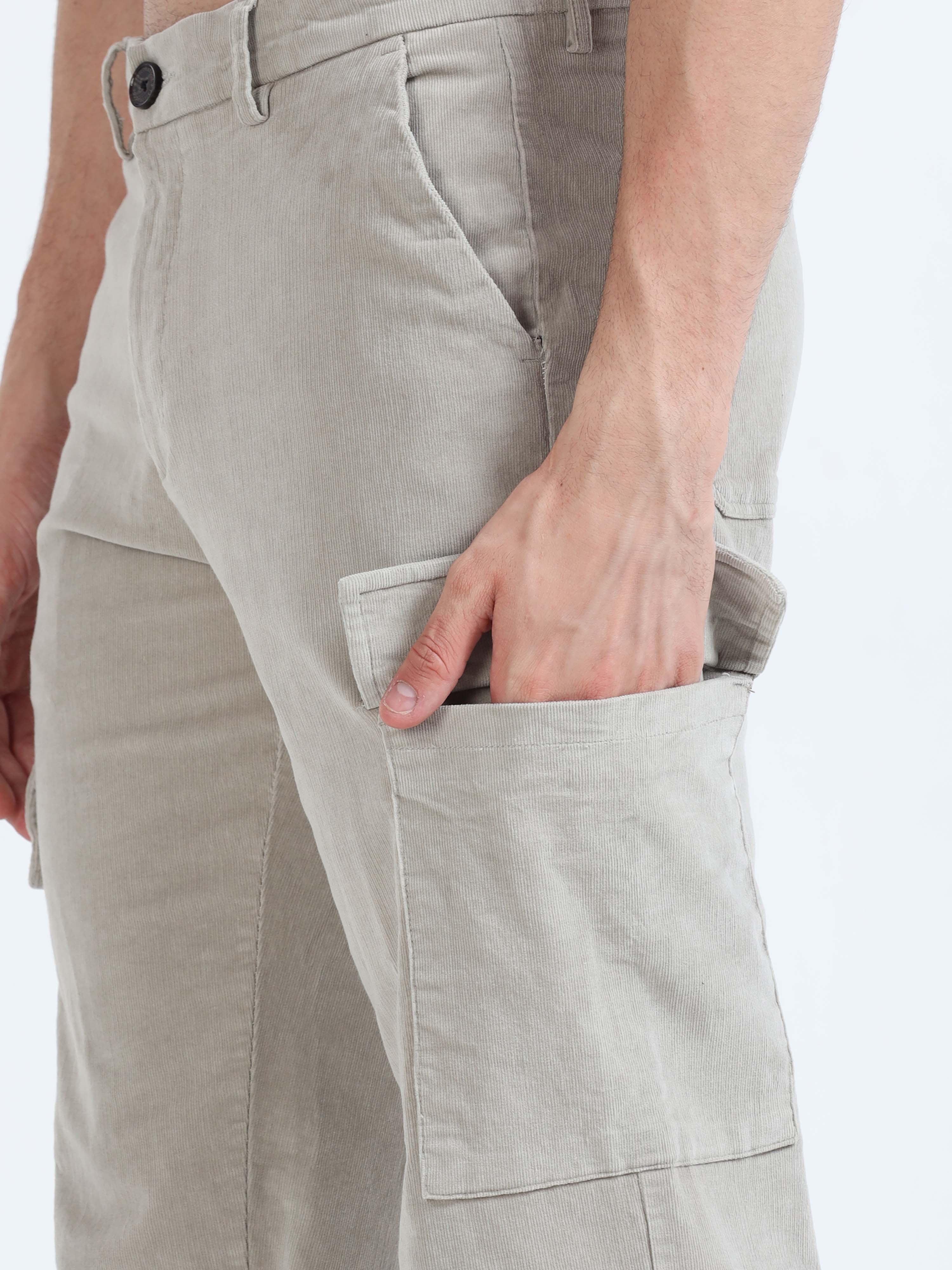 Soft Corduroy Light Grey Relaxed Cargo Pant