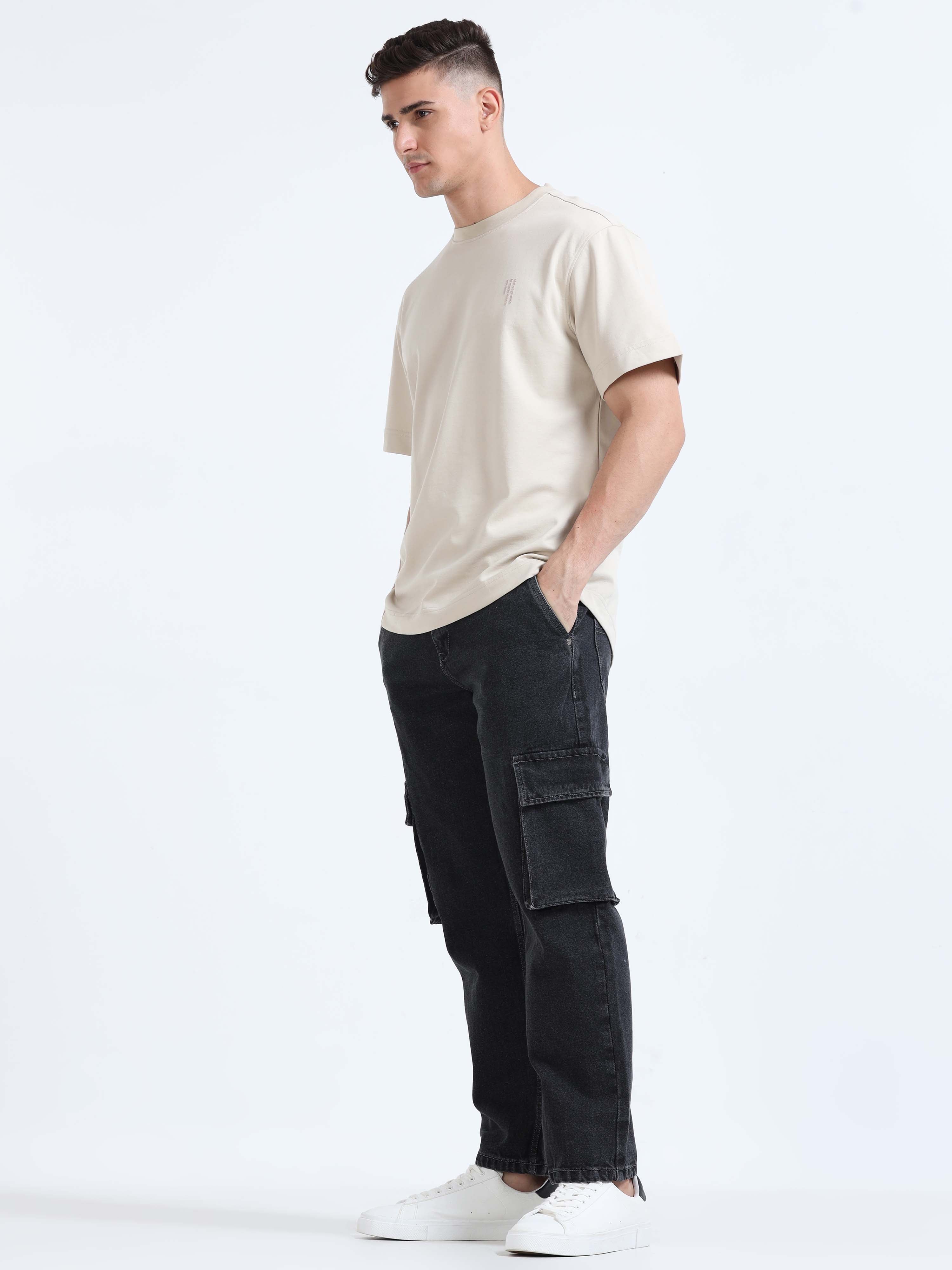 Grey black mens loose fitting Denim cargo