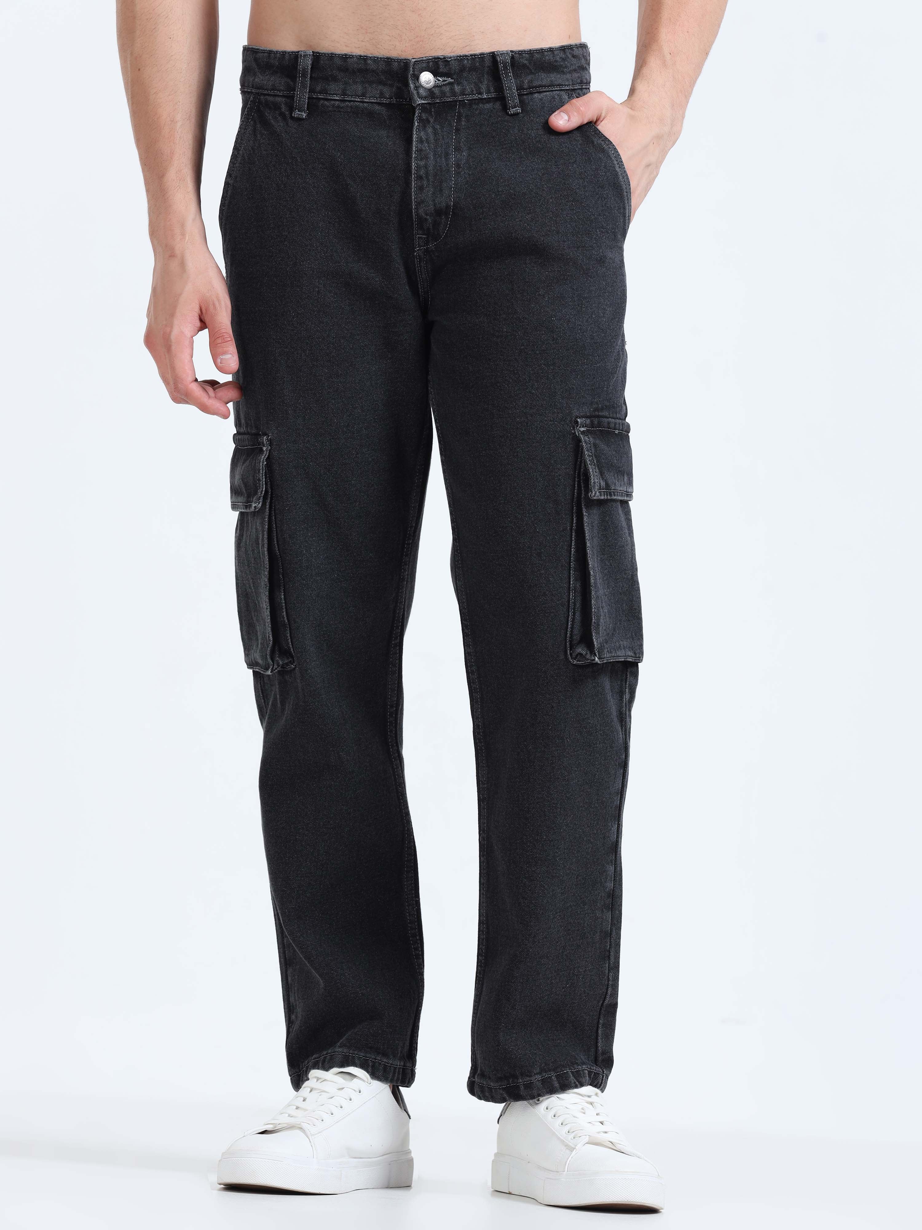 Grey black mens loose fitting Denim cargo