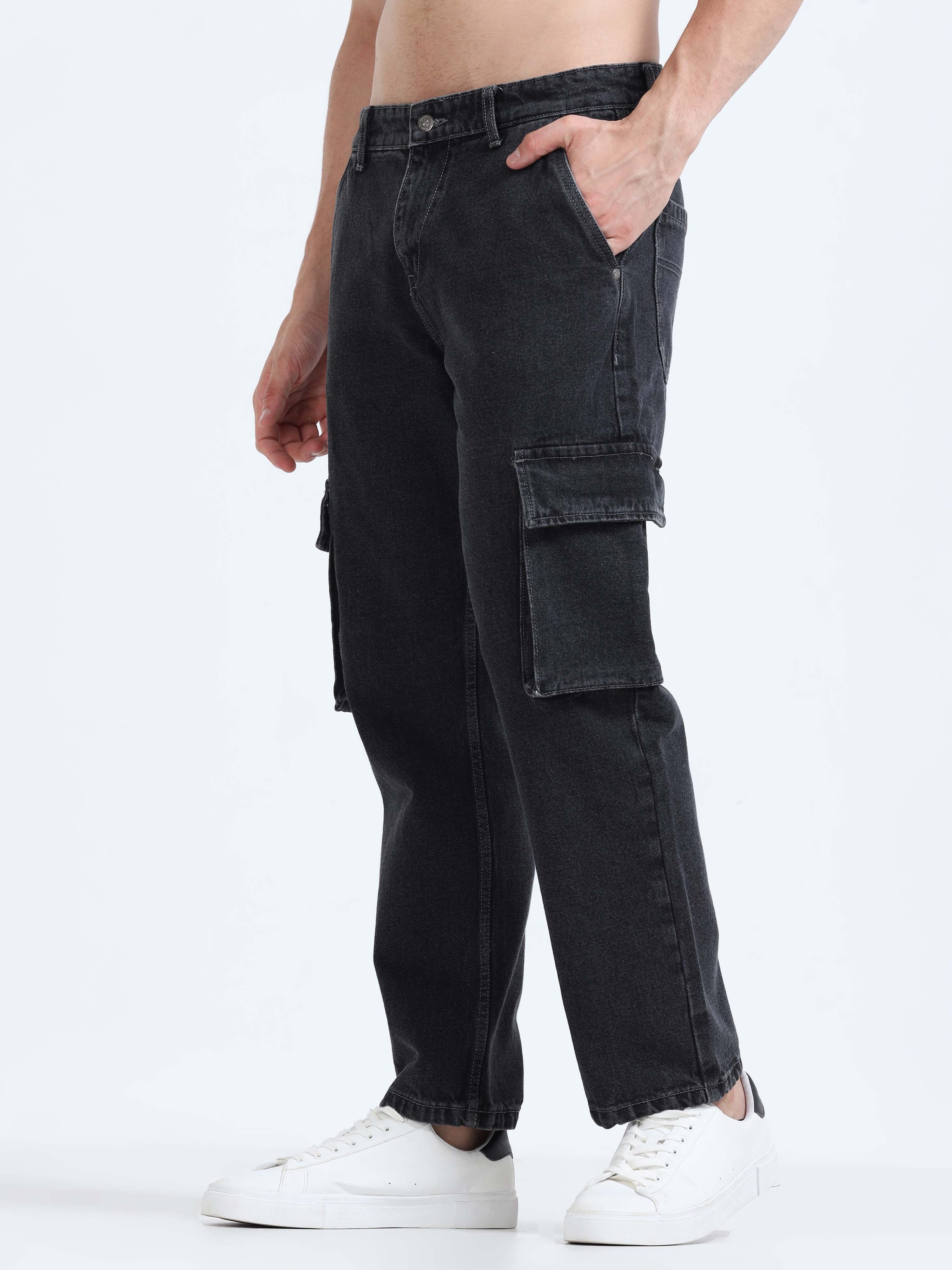 Grey black mens loose fitting Denim cargo