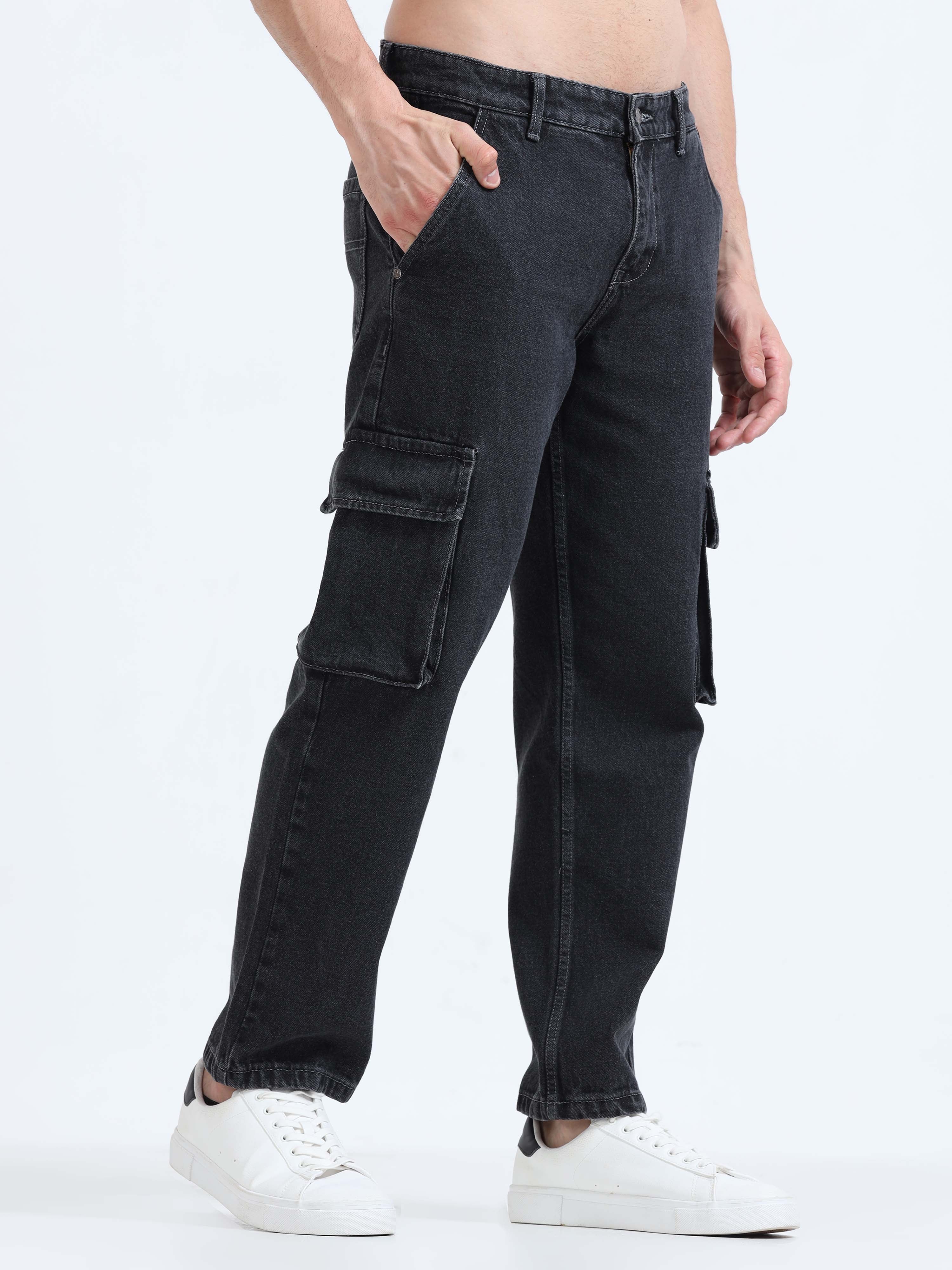 Grey black mens loose fitting Denim cargo