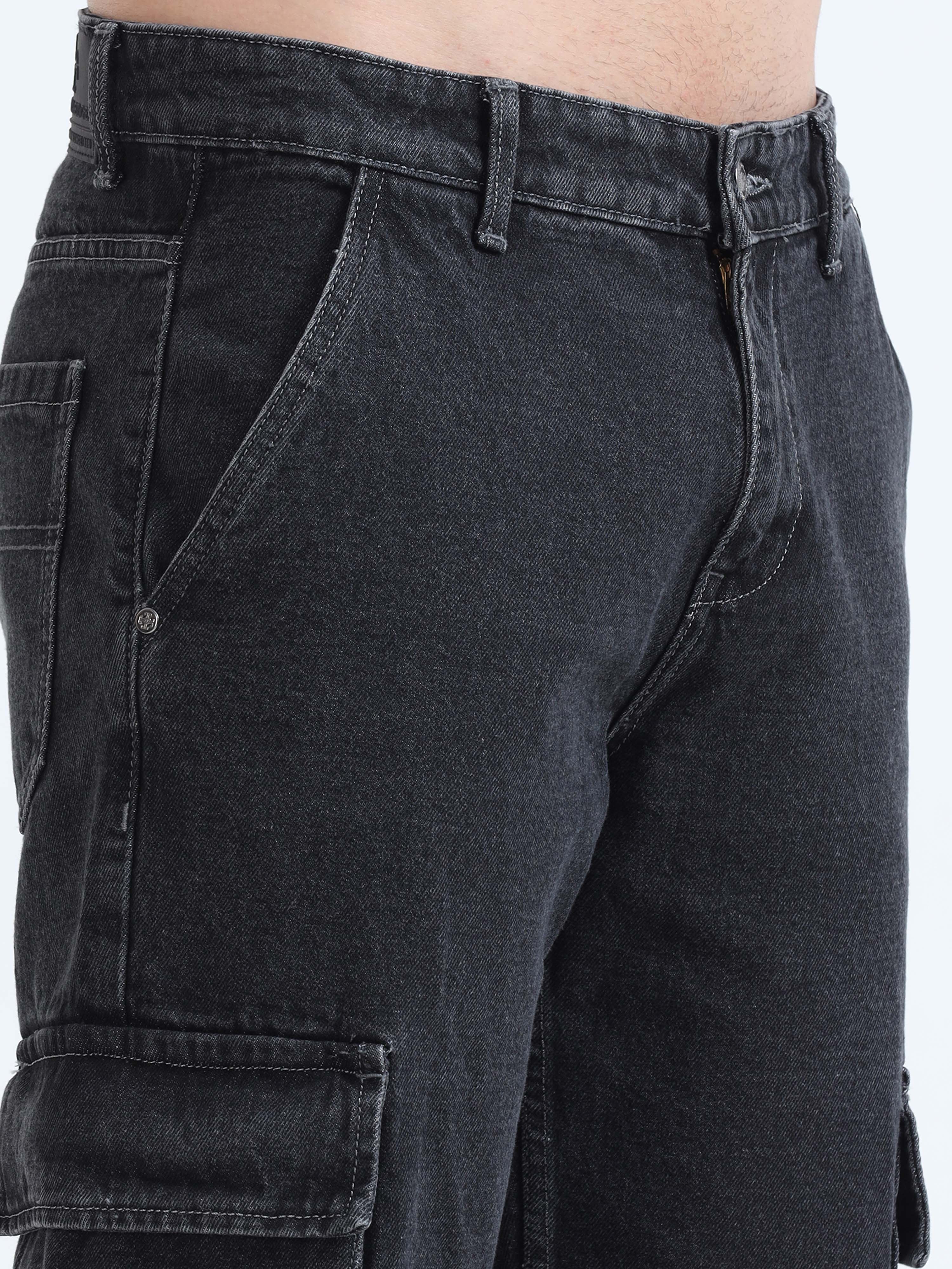 Grey black mens loose fitting Denim cargo