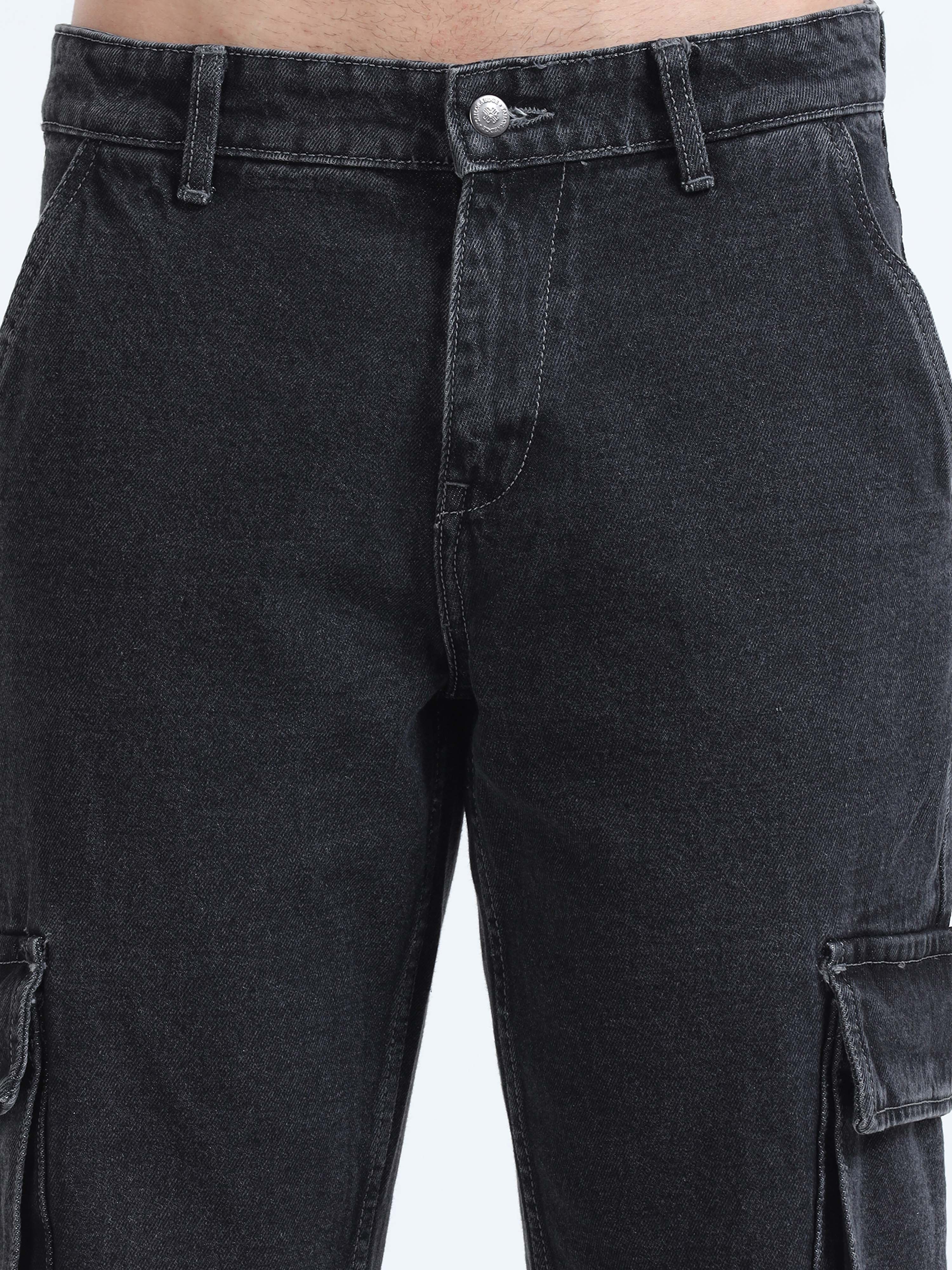 Grey black mens loose fitting Denim cargo