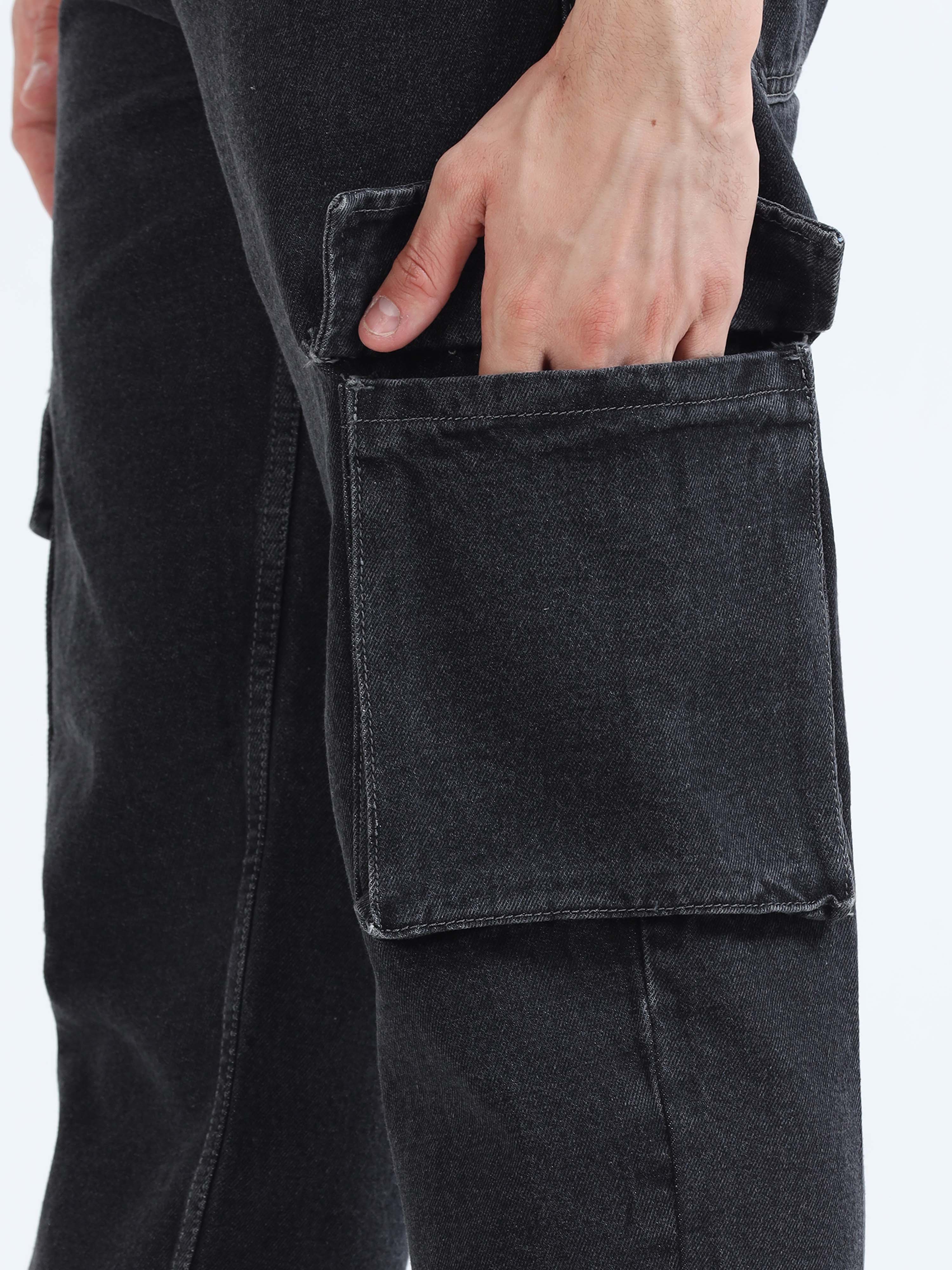 Grey black mens loose fitting Denim cargo