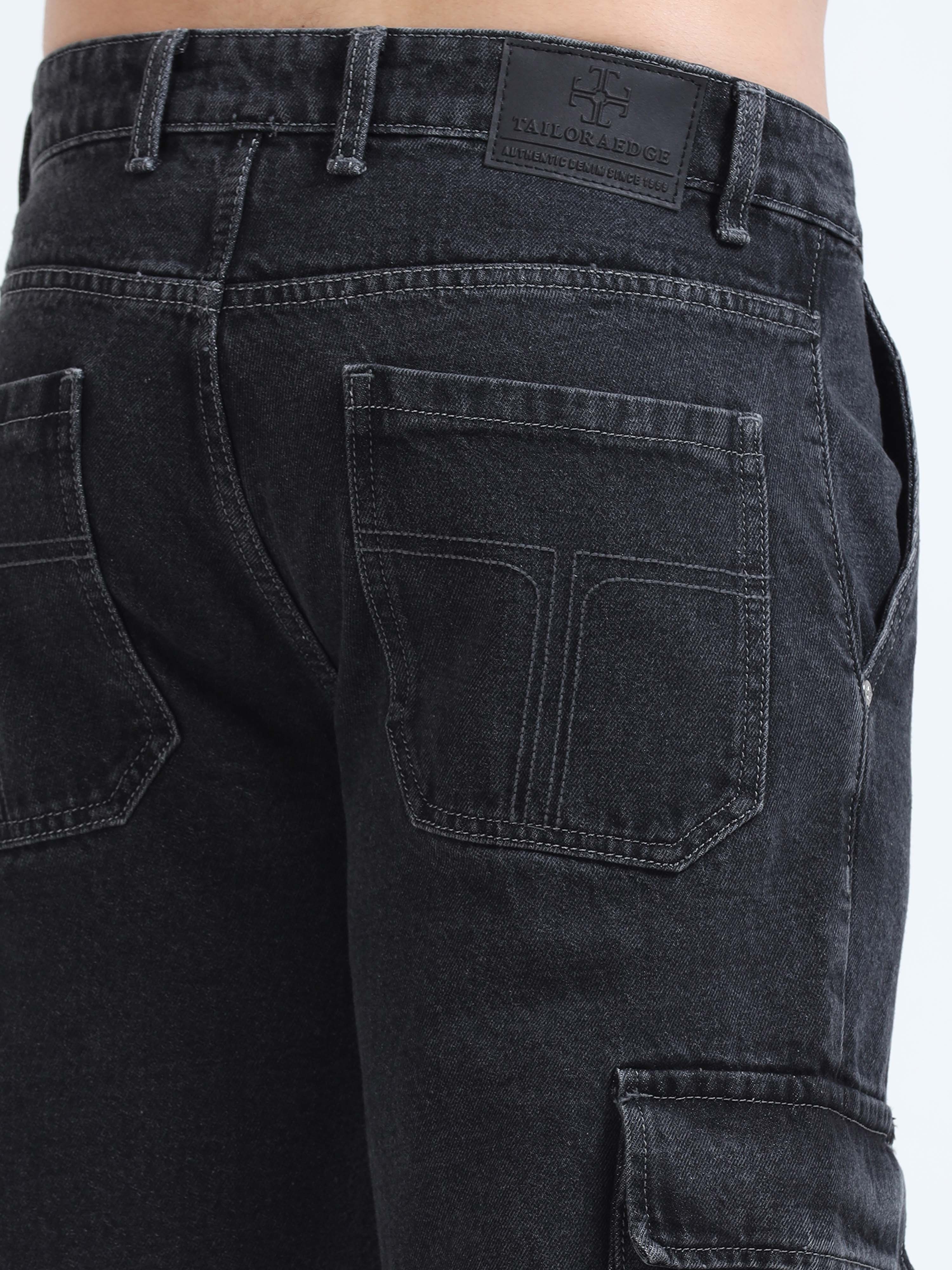 Grey black mens loose fitting Denim cargo