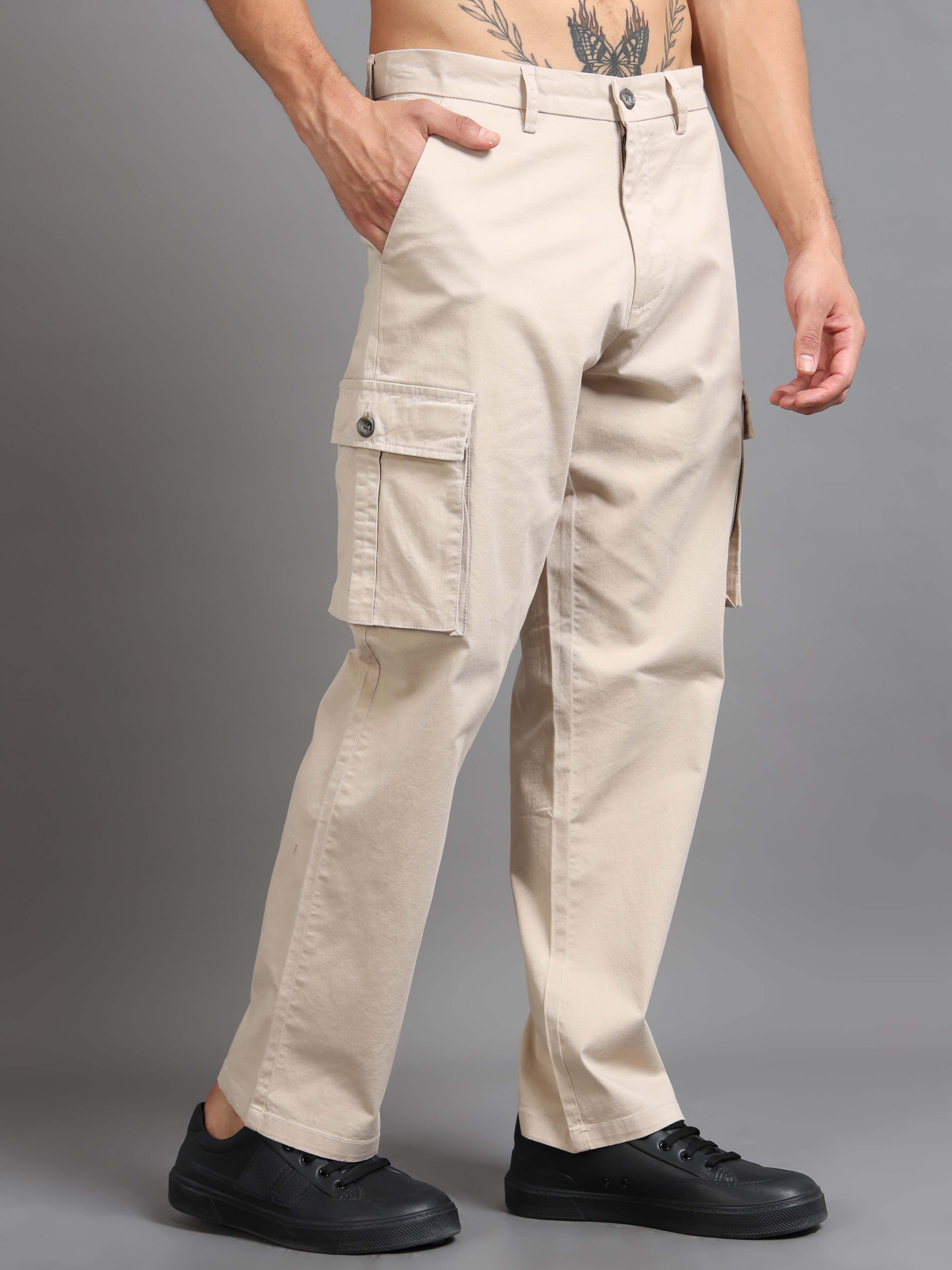 Finest Twill Baggy Fit Cargo In Cream - Mens Cargo Trousers