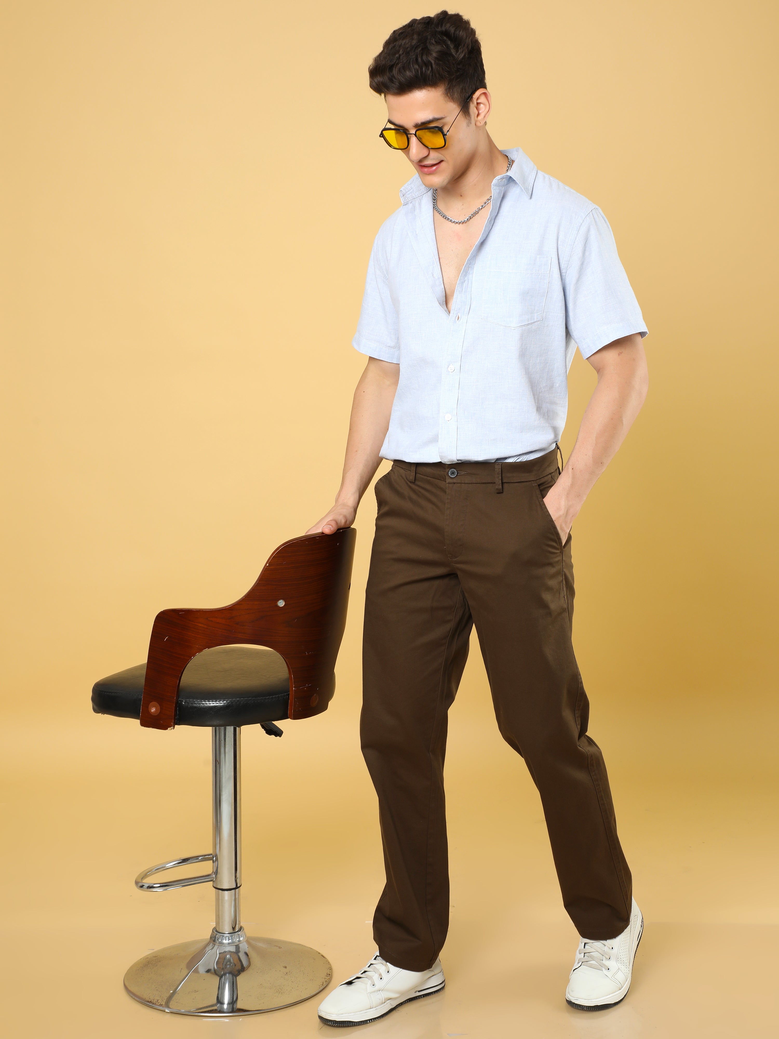 Cotton Dobby Baggy Fit Brown Trouser