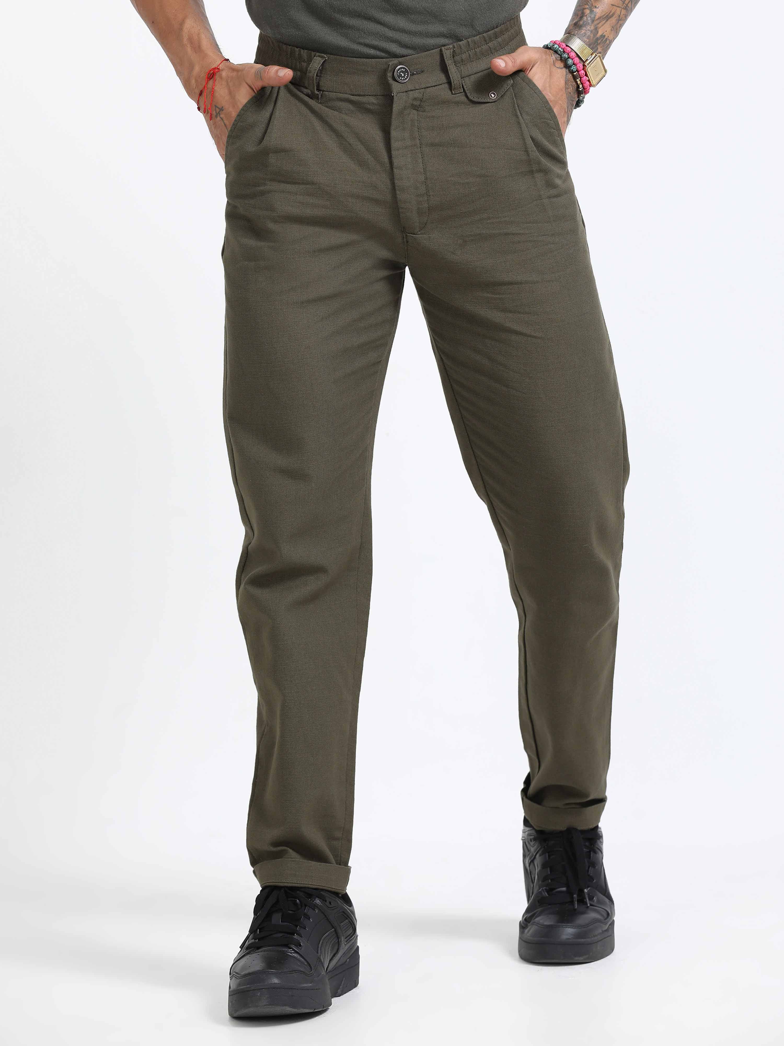 Olive Green Linen Pleated Trouser for men