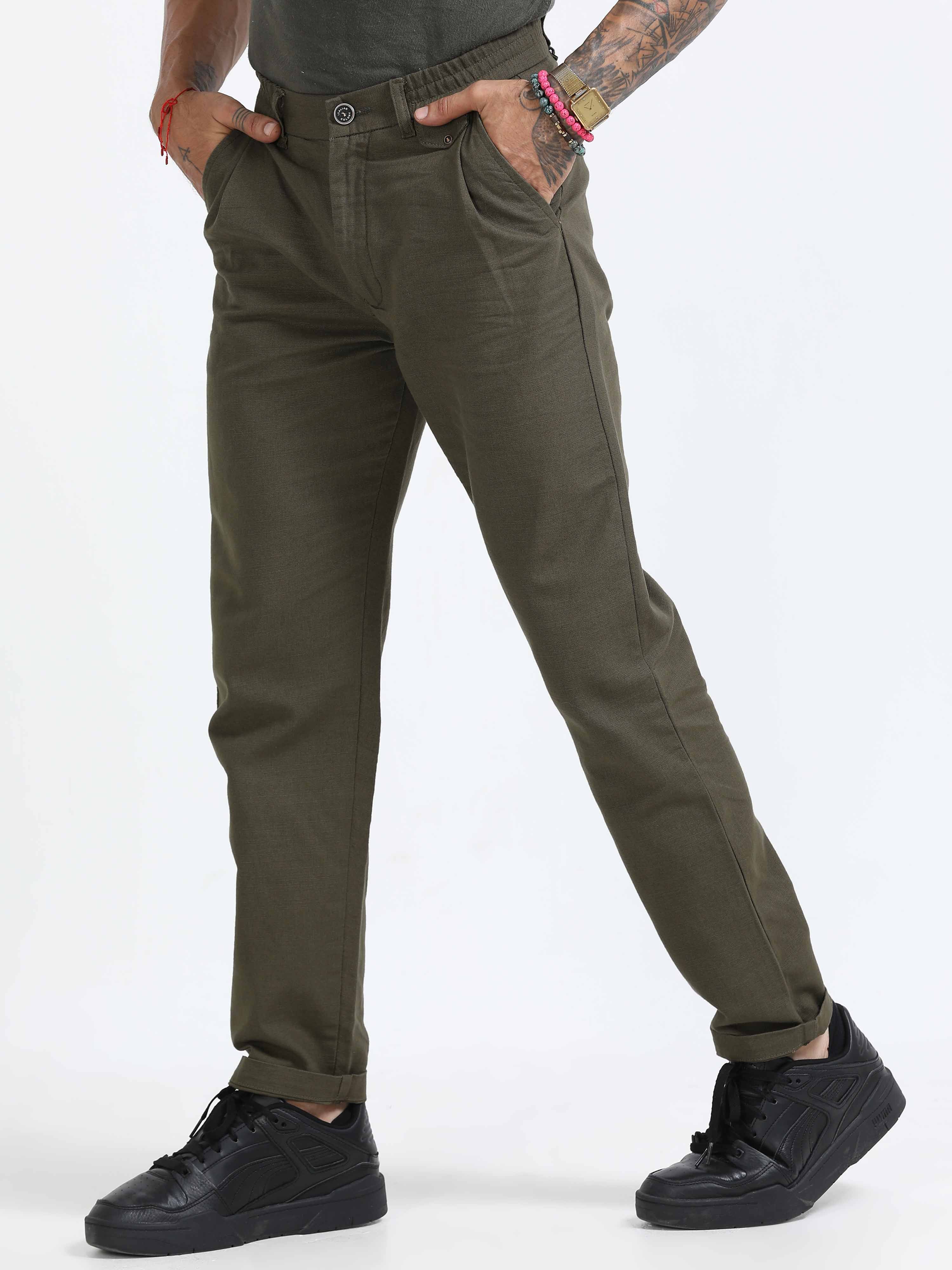 Olive Green Linen Pleated Trouser for men