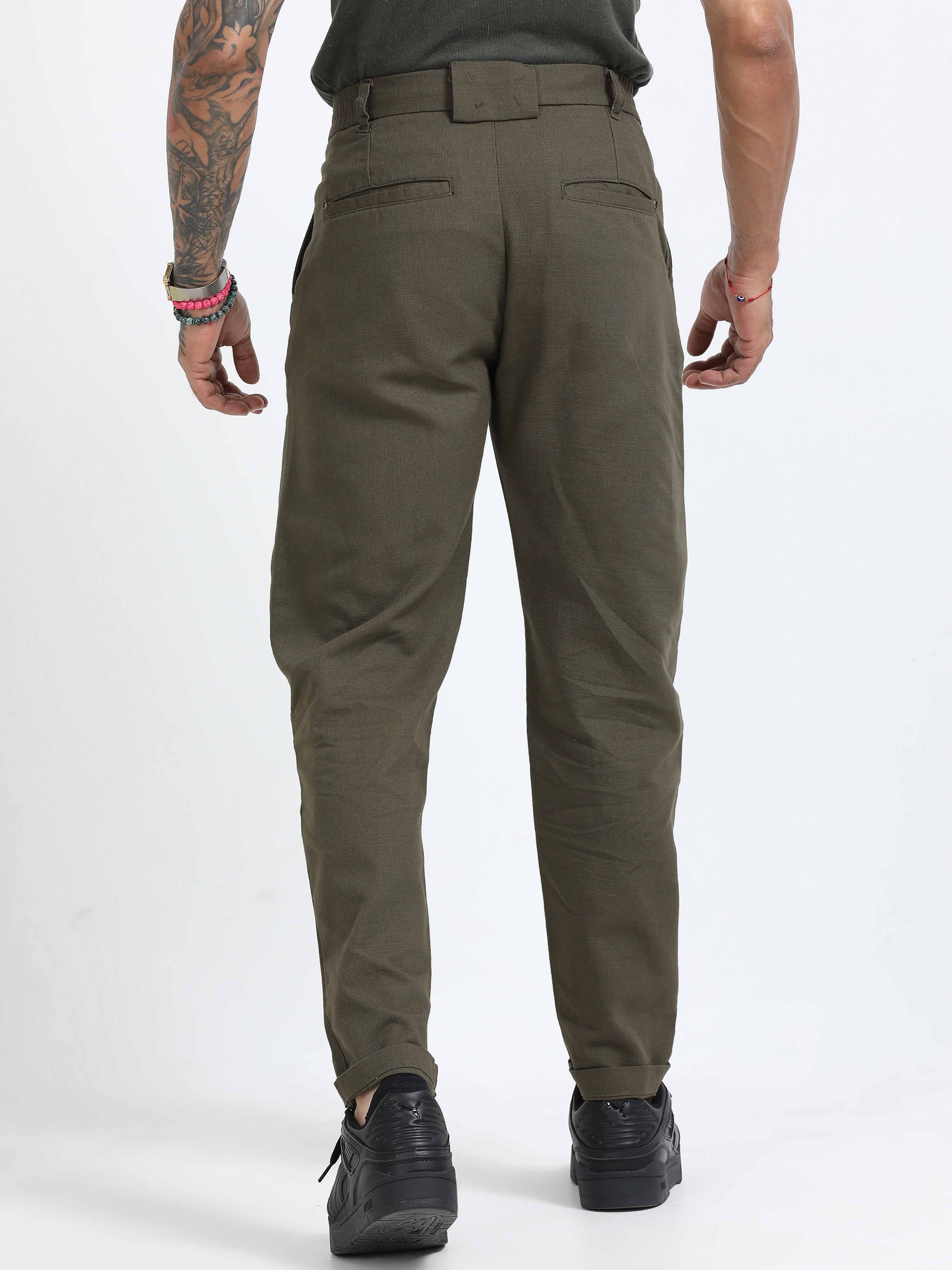 Olive Green Linen Pleated Trouser for men