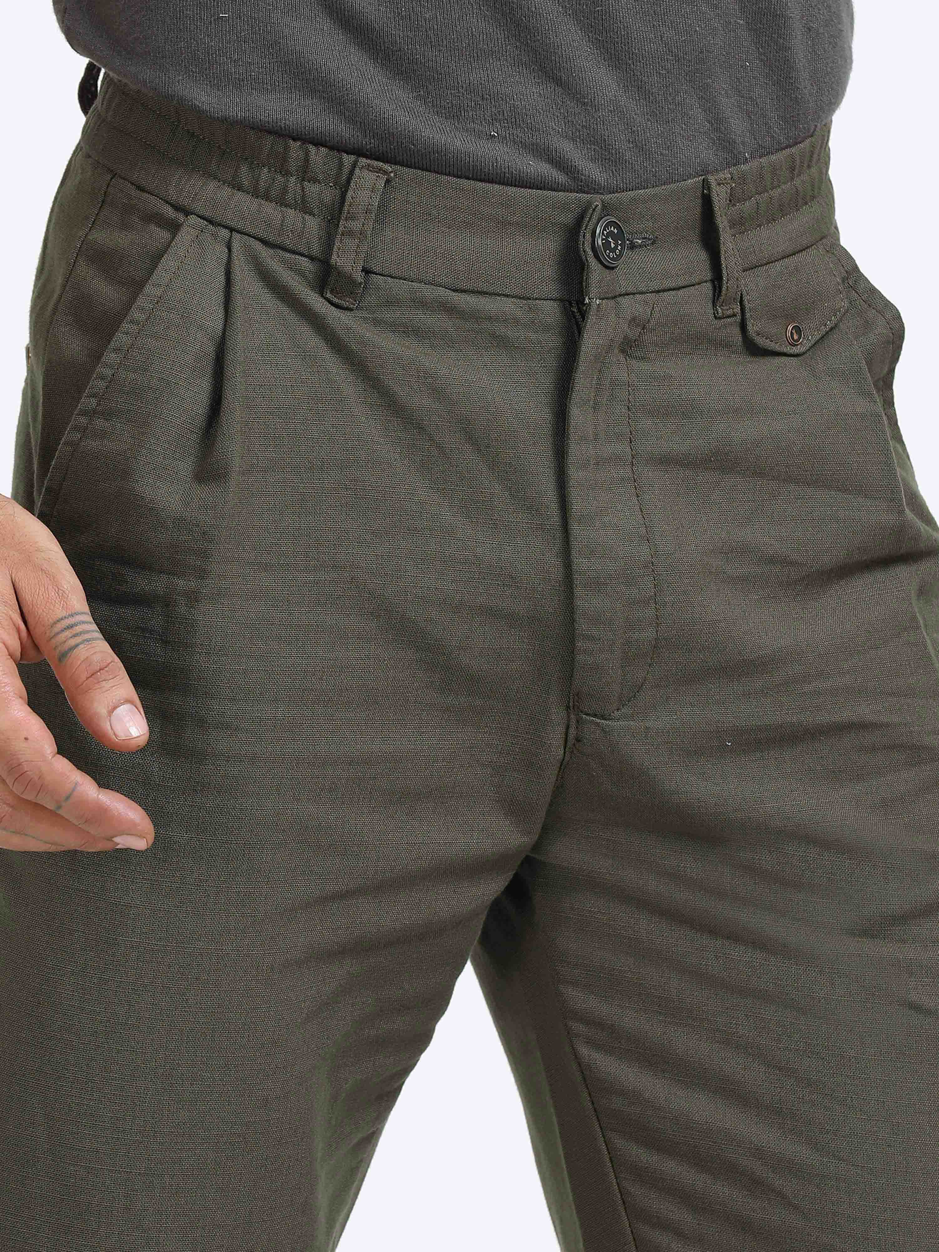 Olive Green Linen Pleated Trouser for men