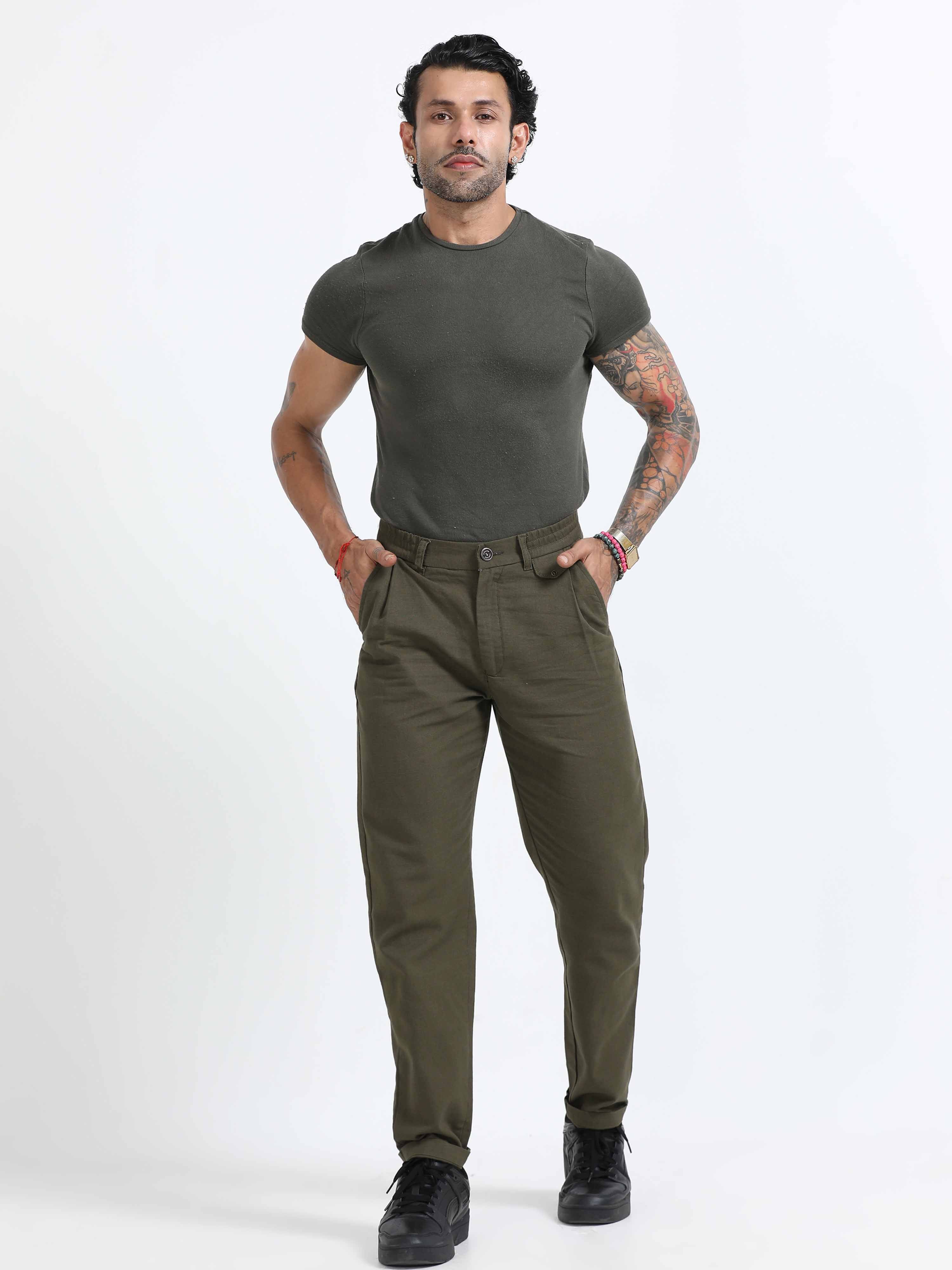 Olive Green Linen Pleated Trouser for men