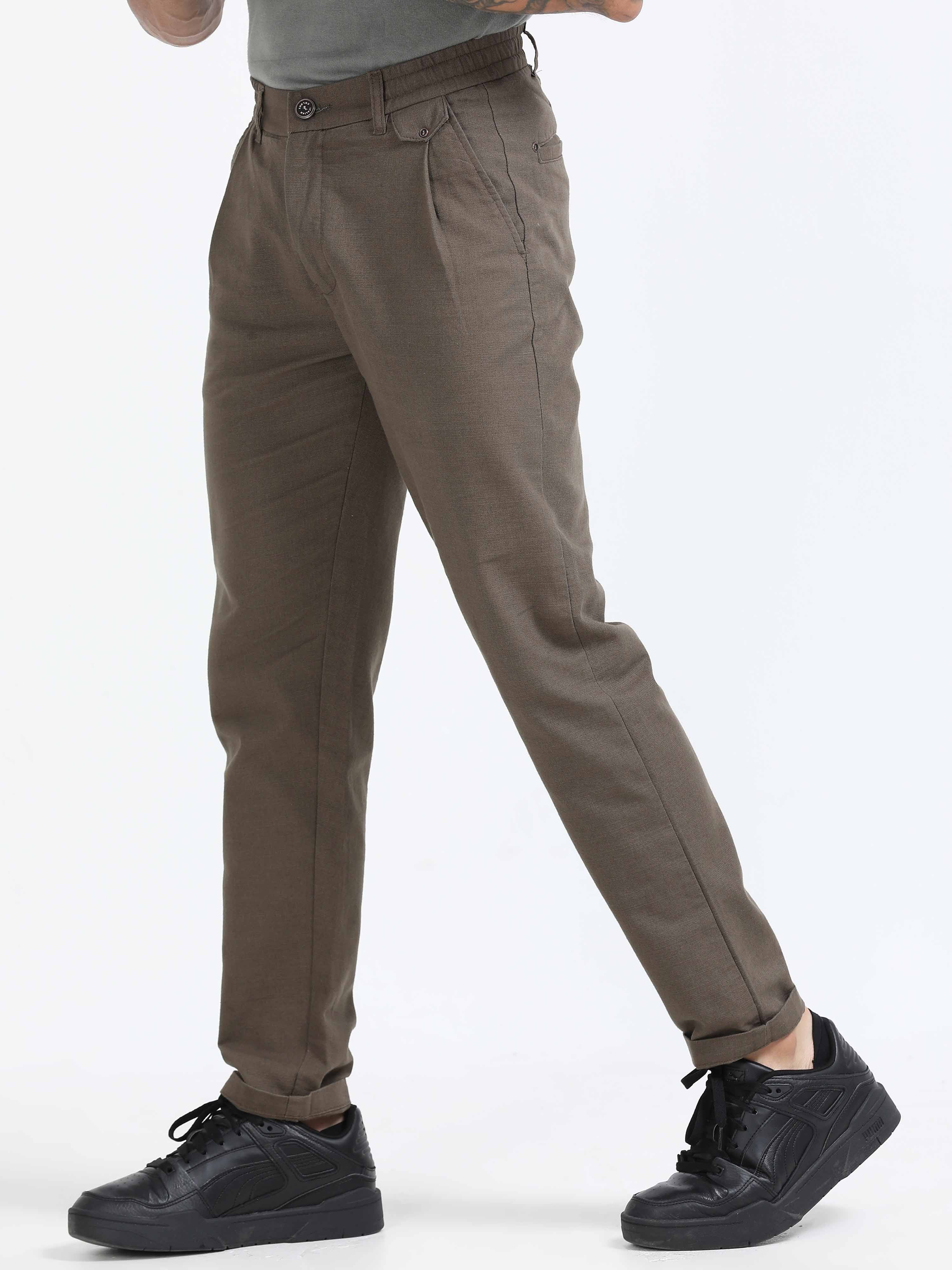 Brown Linen Pleated Trouser for Men