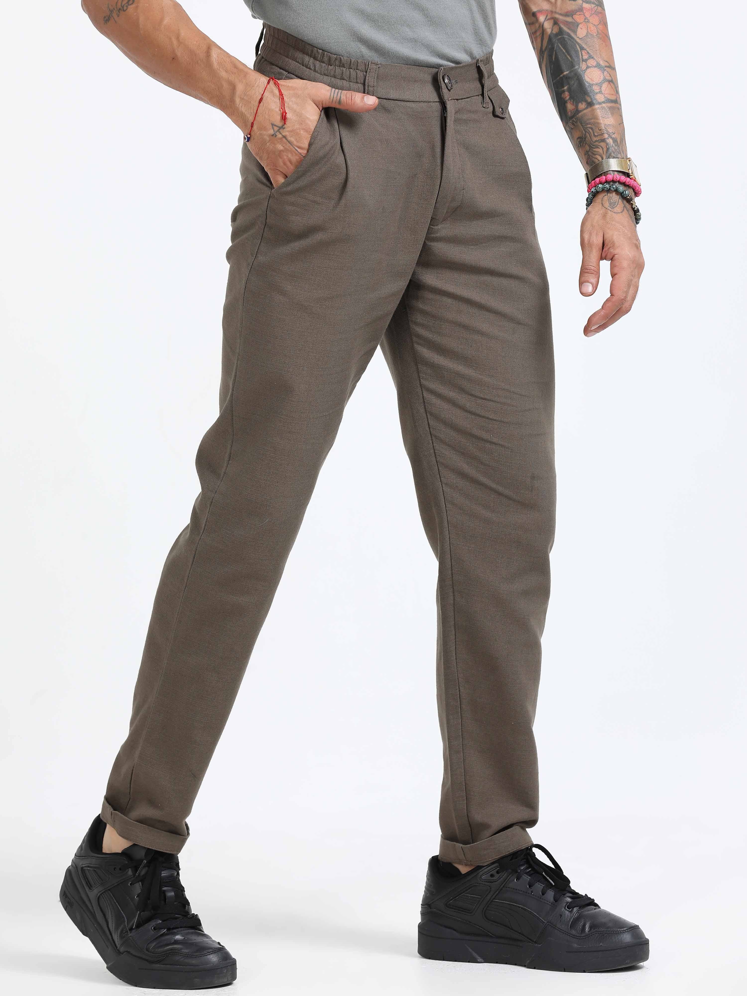 Brown Linen Pleated Trouser for Men