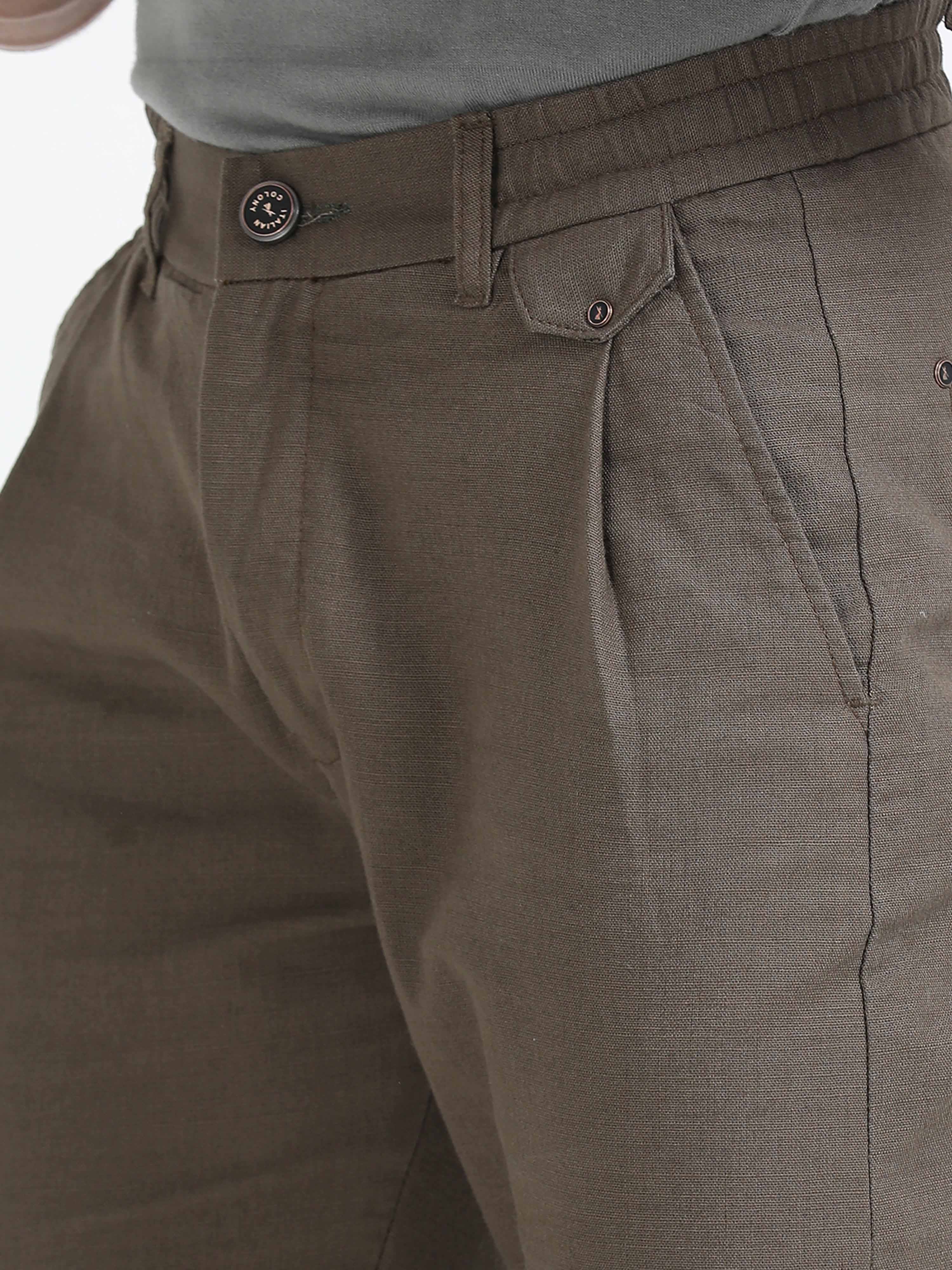 Brown Linen Pleated Trouser for Men