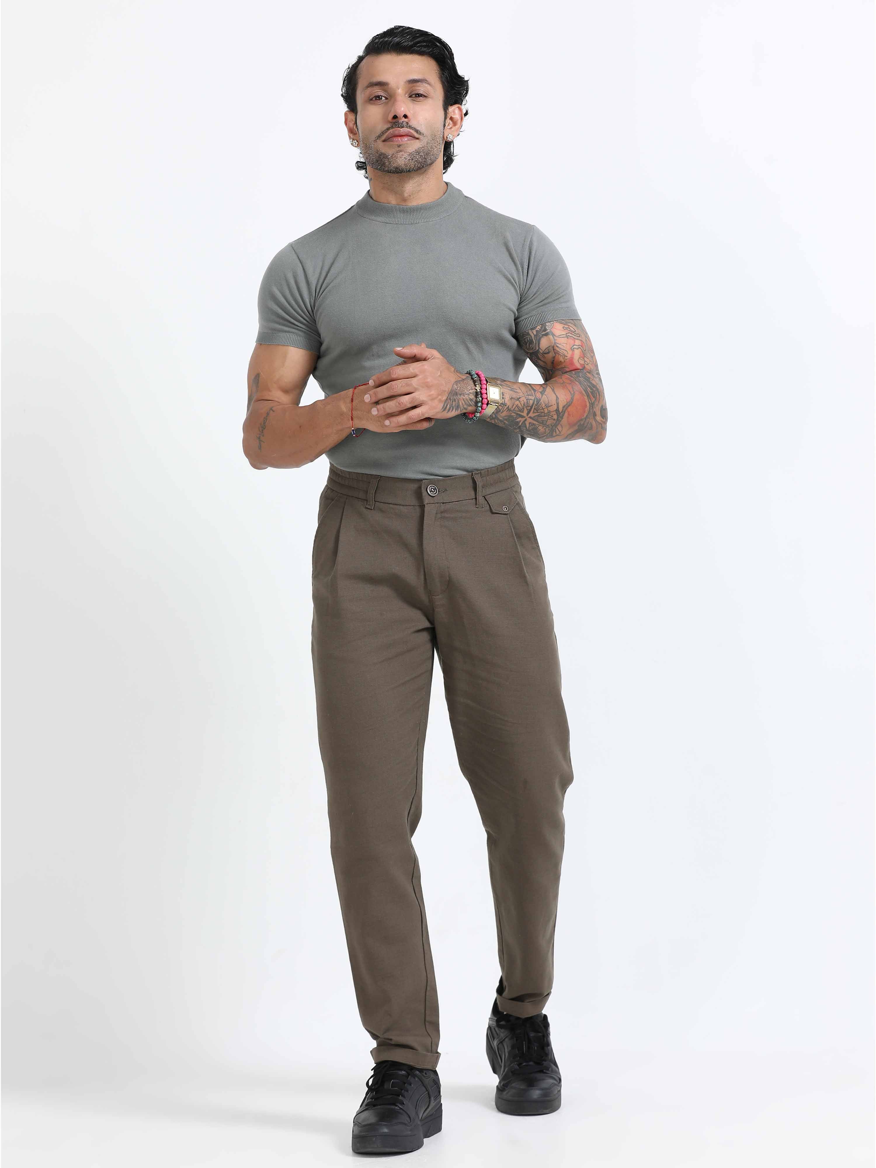 Brown Linen Pleated Trouser for Men