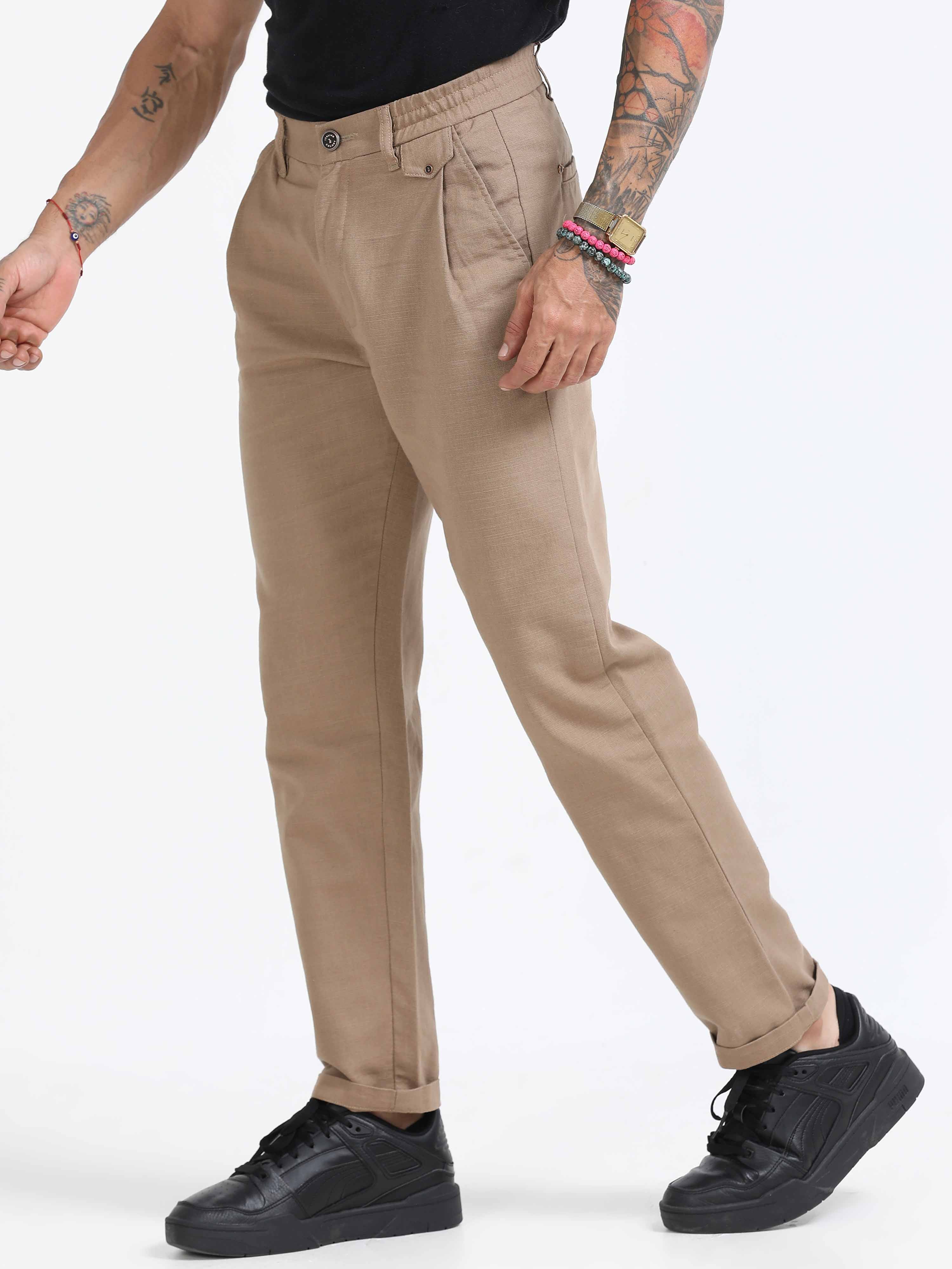 Khaki Linen Pleated Trouser for men