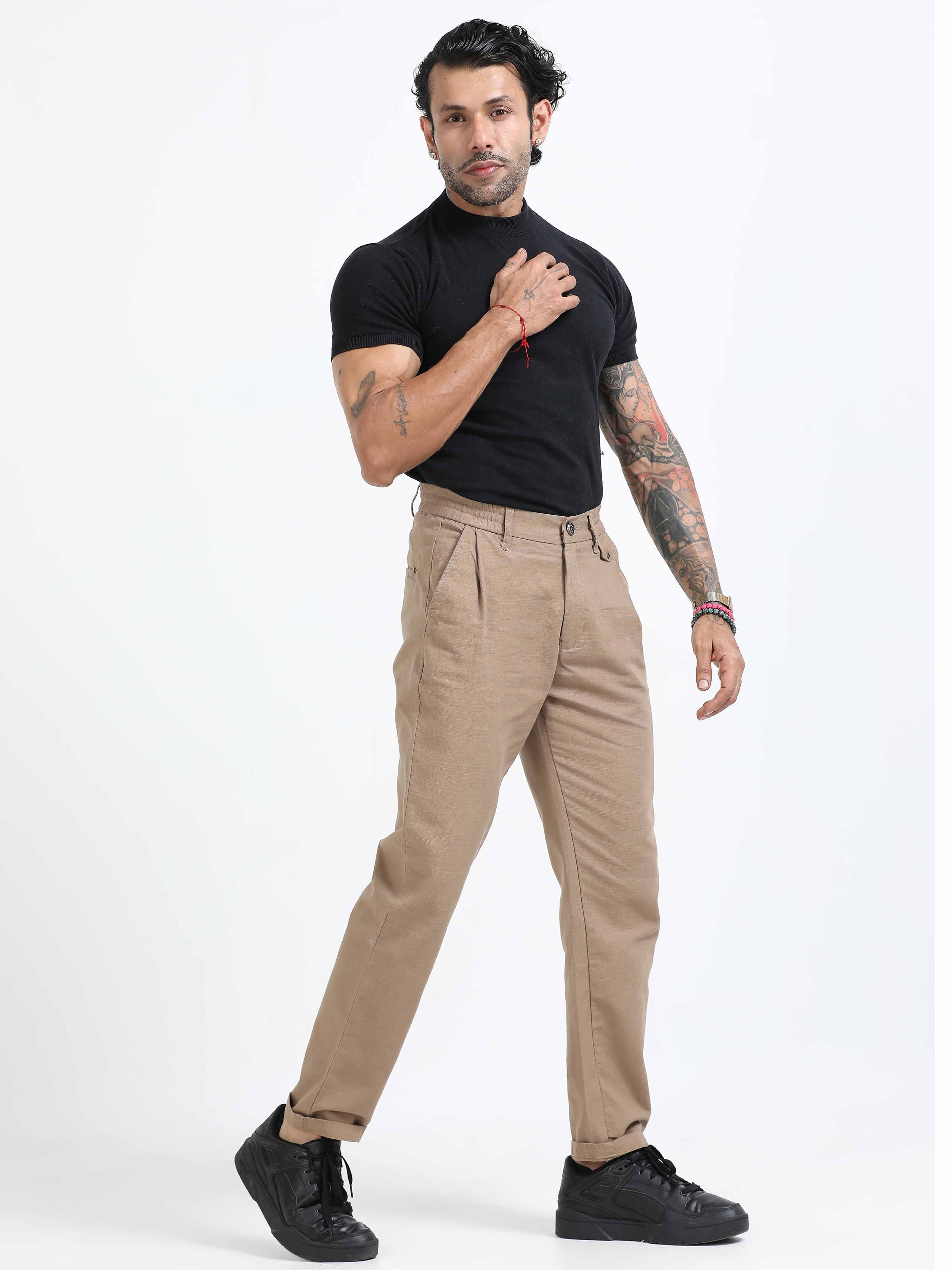 Khaki Linen Pleated Trouser for men