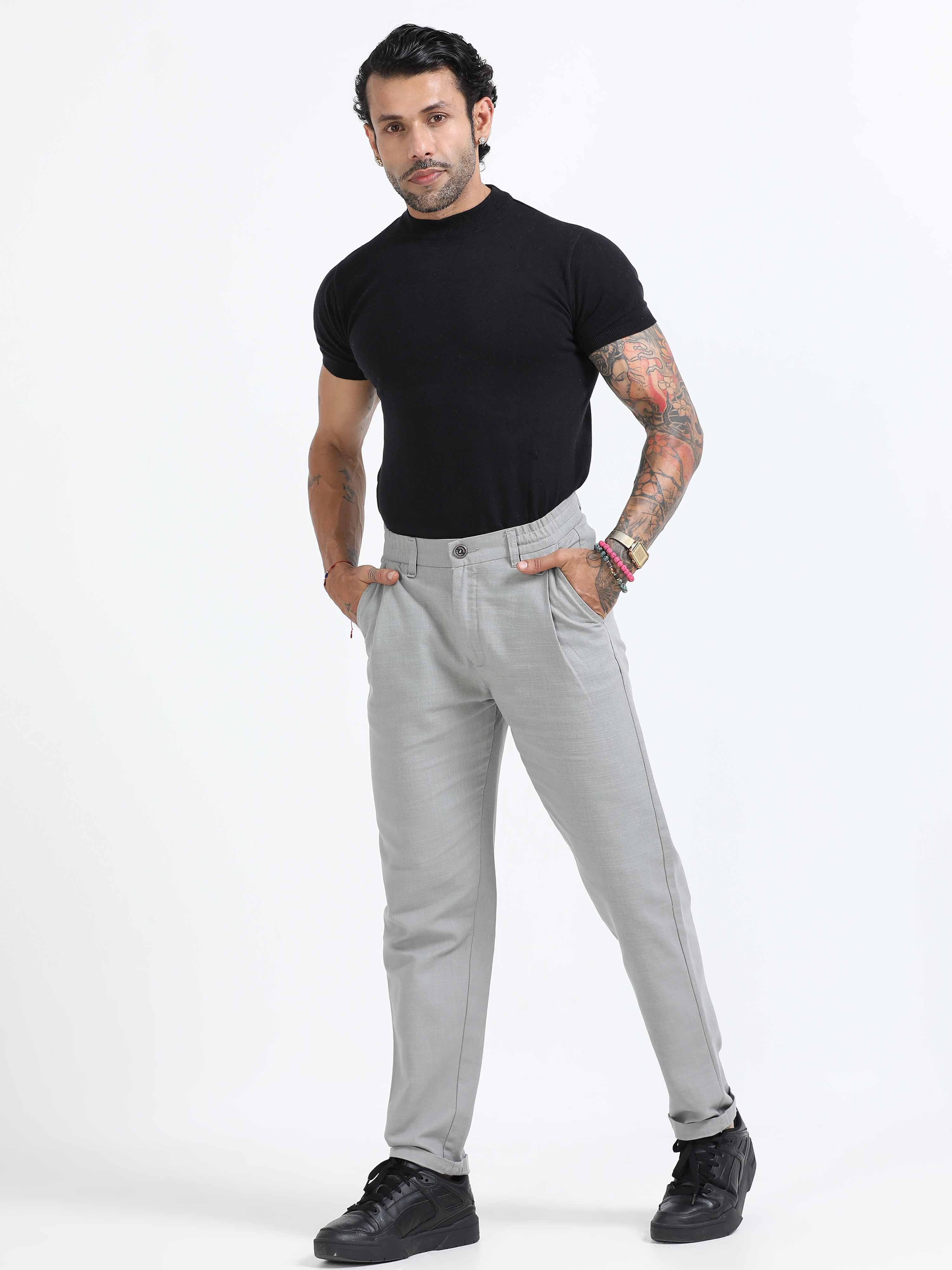 Light Grey Linen Pleated Trouser for Men