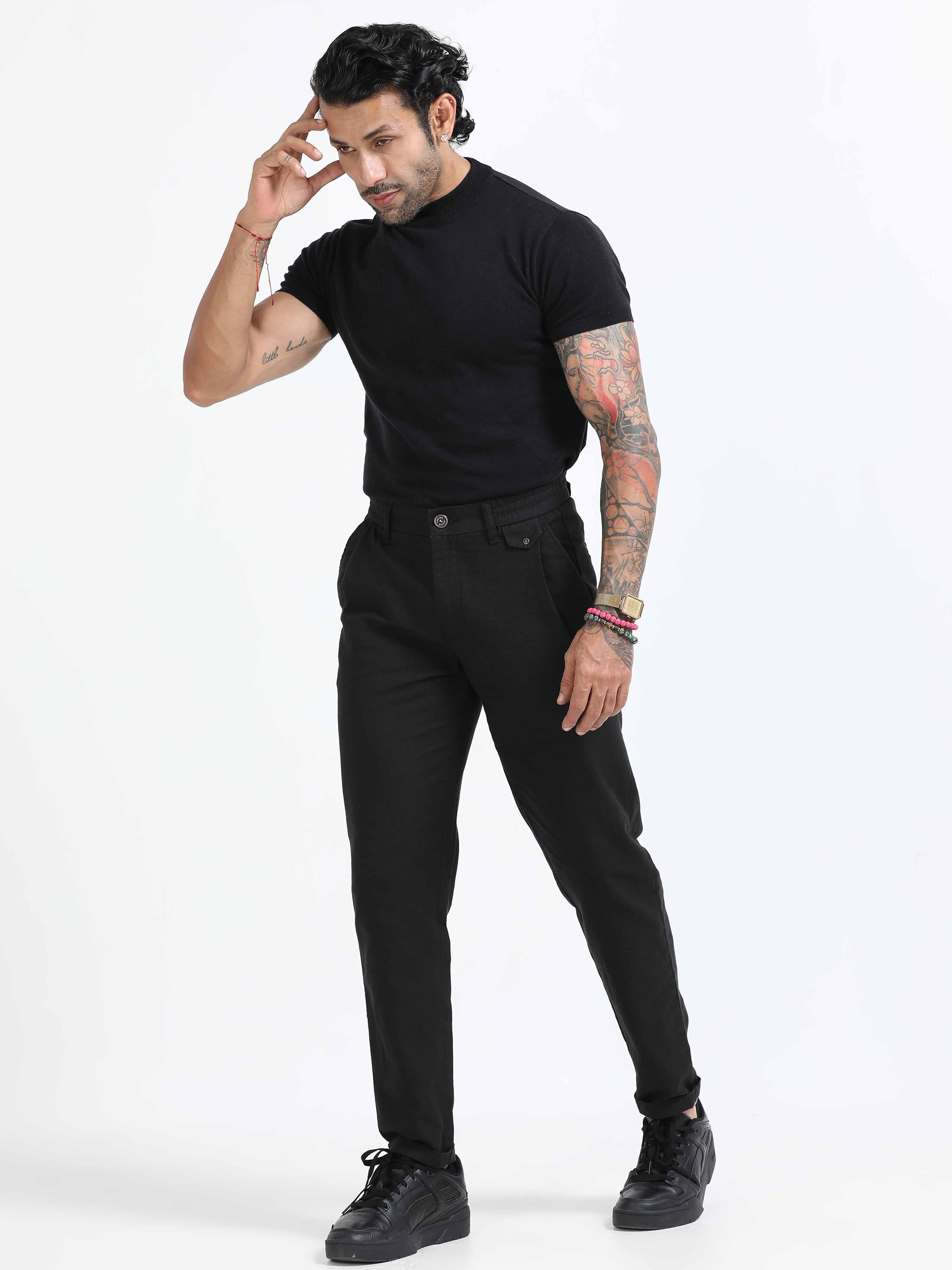 Black Linen Pleated Trouser for men