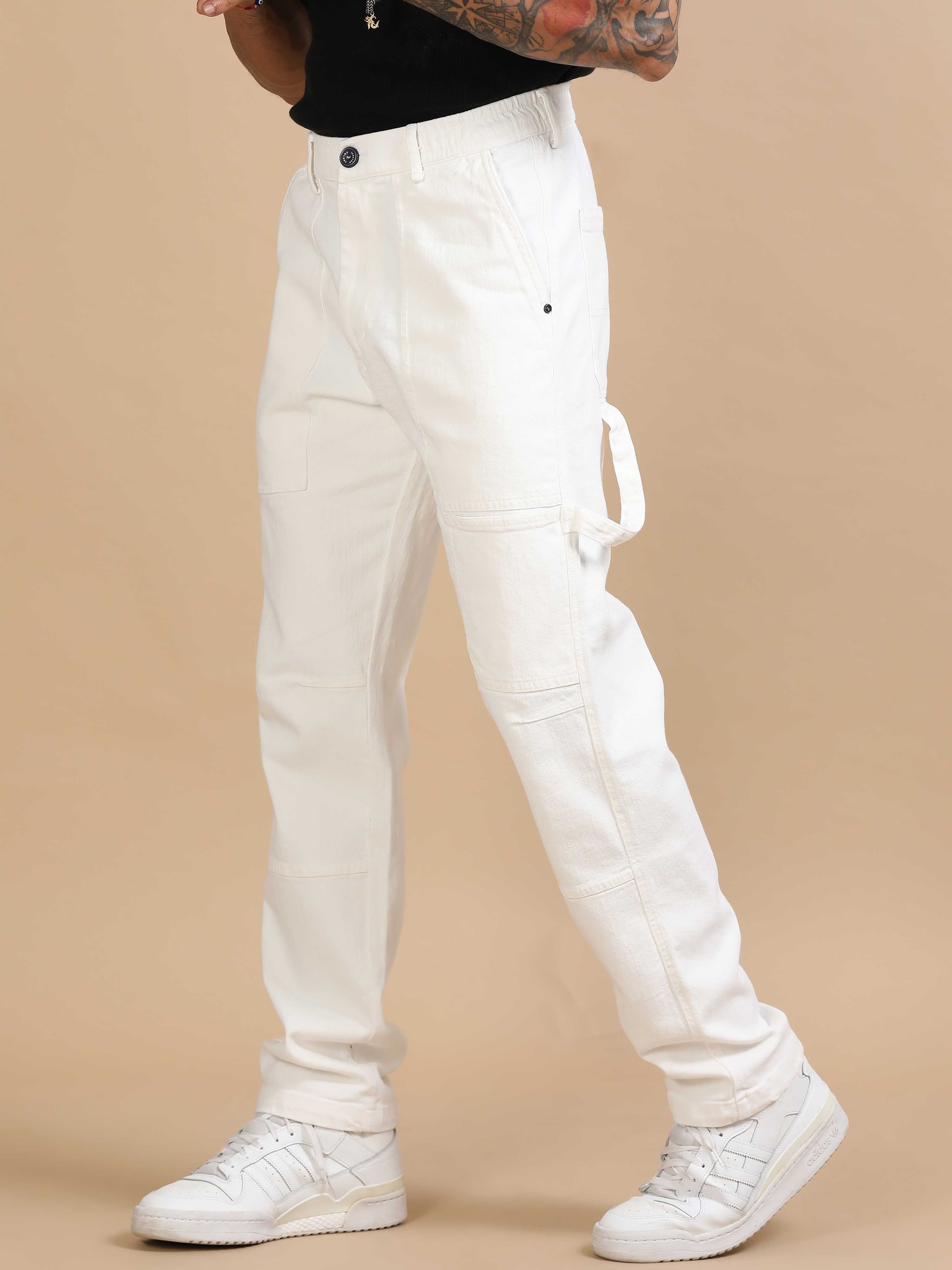 Mens Carpenter Style Denim White Cargo Pants