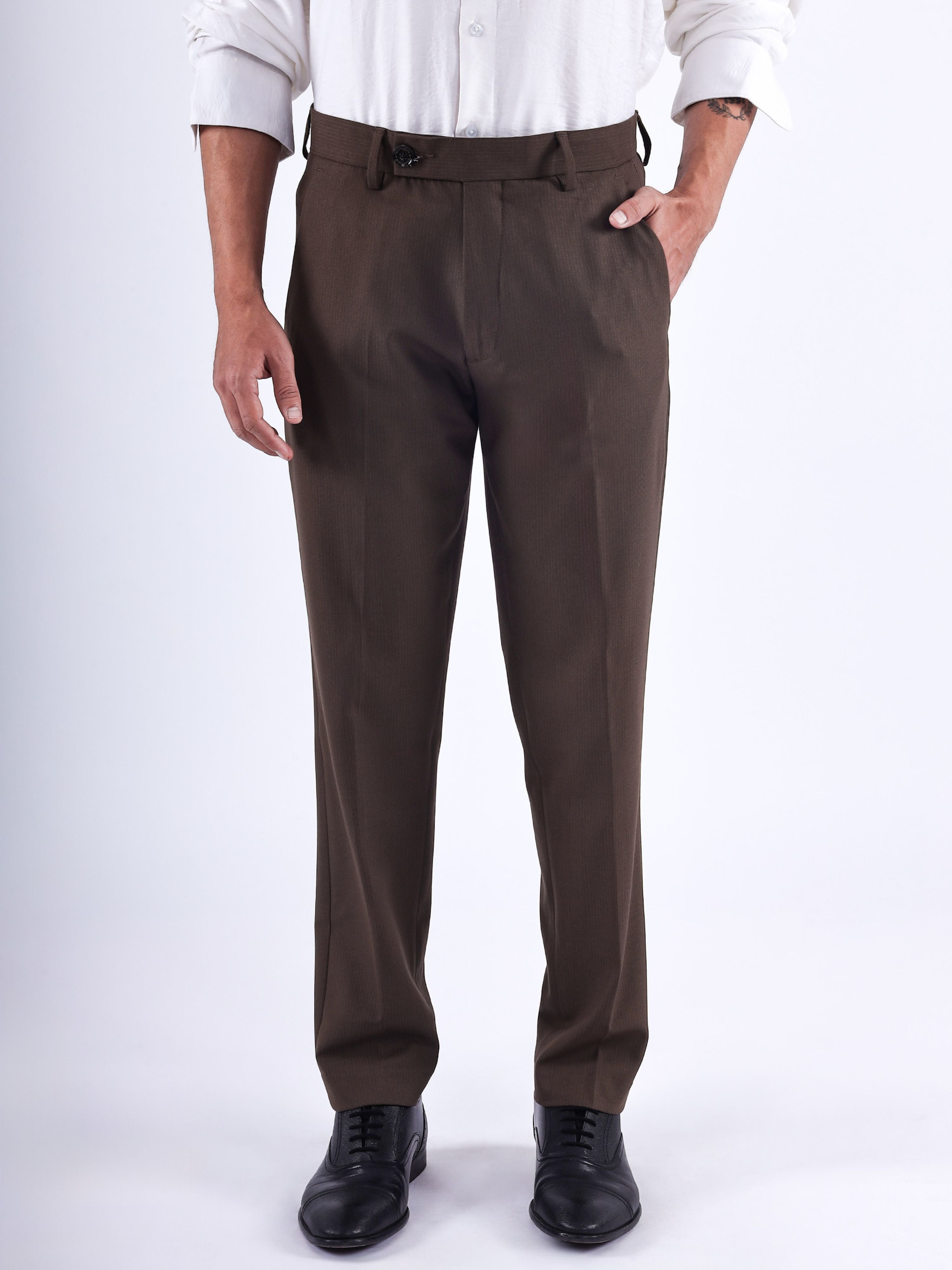 Stretch Easy Striped Formal Pants In Brown