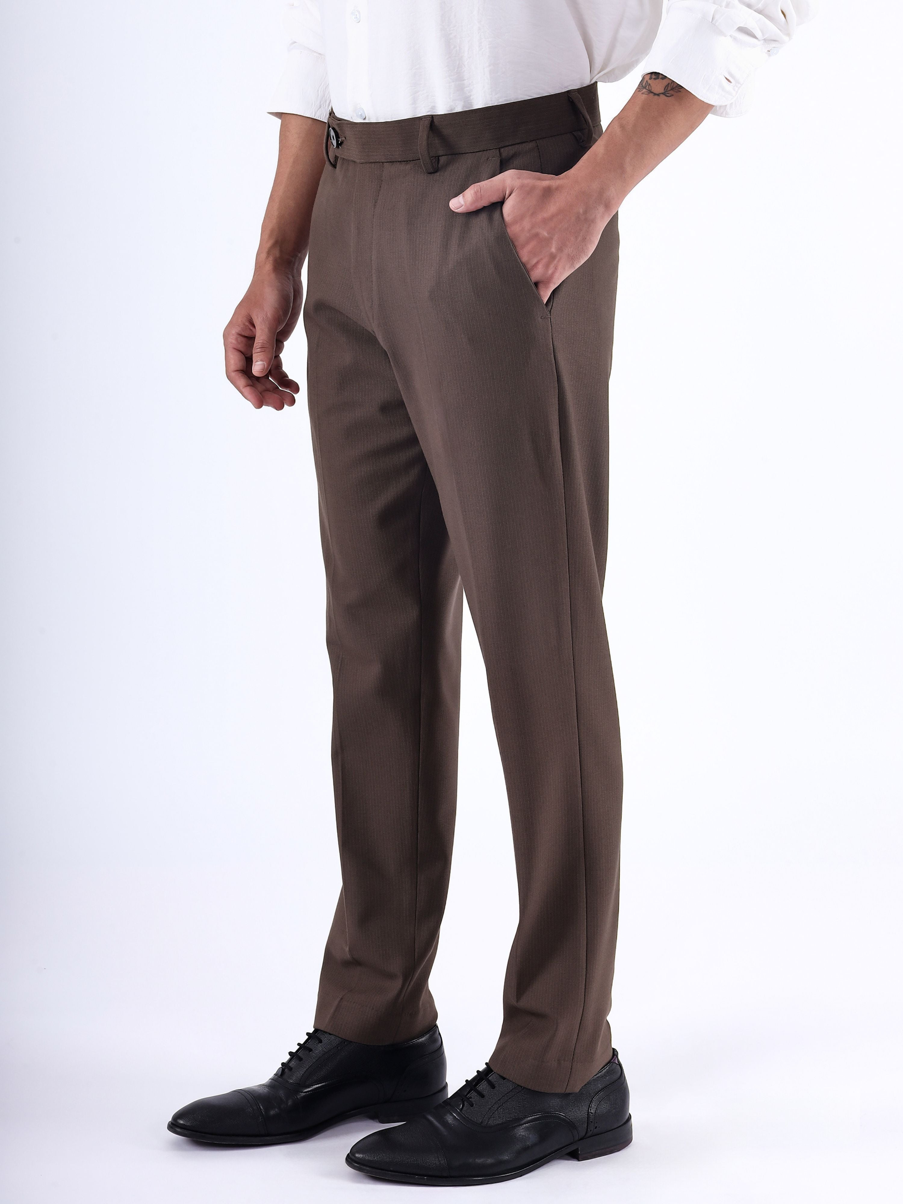 Stretch Easy Striped Formal Pants In Brown