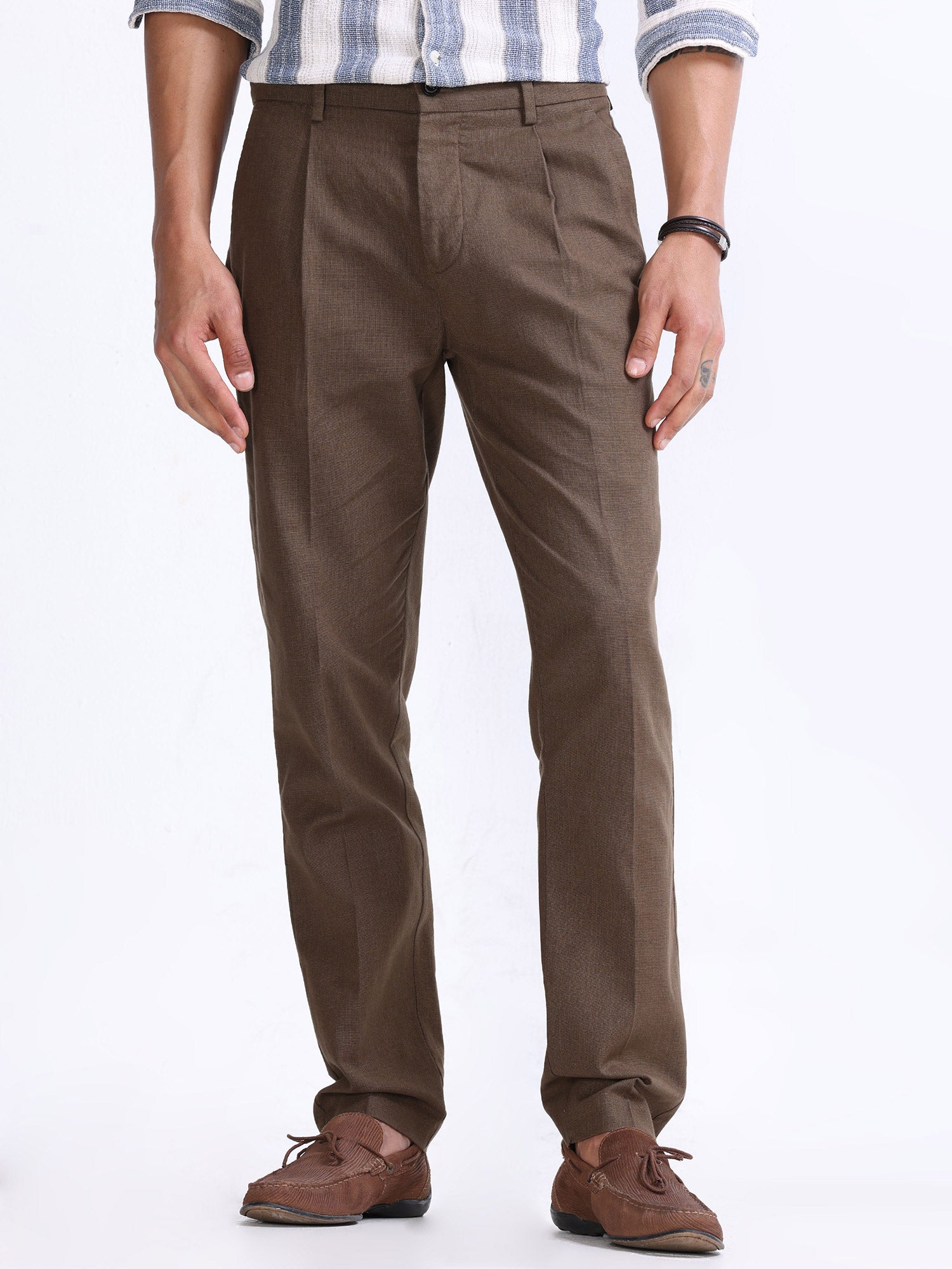 Raw Slub Fur Brown Pleated Pant mens casual linen pants