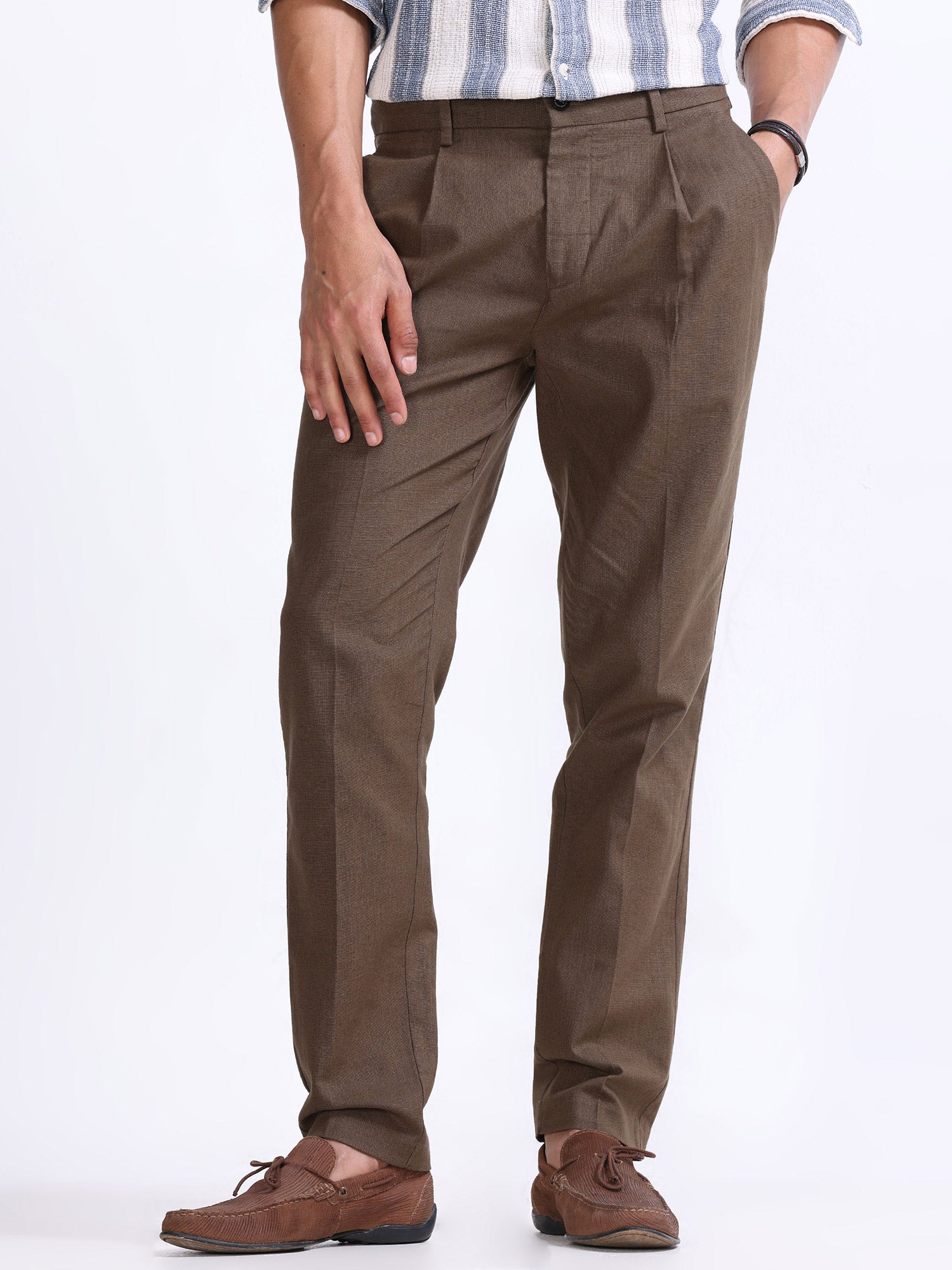 Raw Slub Fur Brown Pleated Pant mens casual linen pants