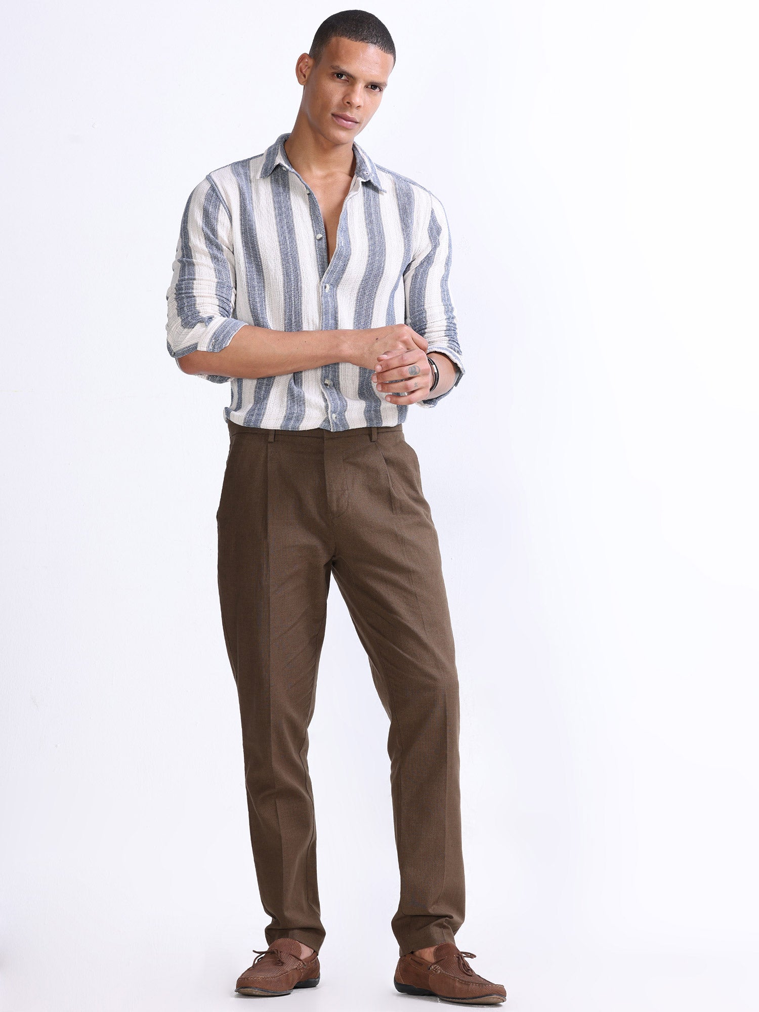 Raw Slub Fur Brown Pleated Pant mens casual linen pants
