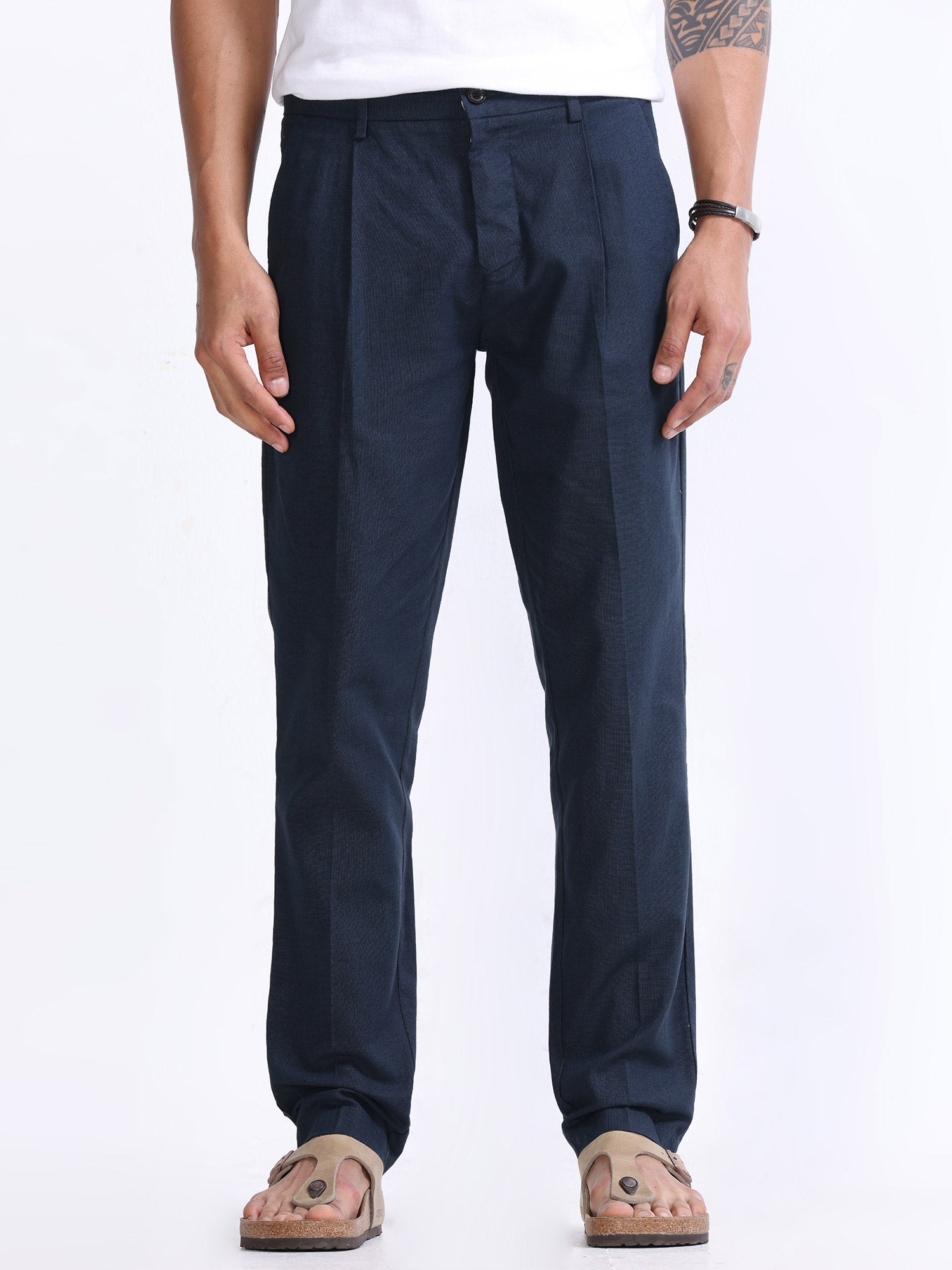 Raw Slub Navy Pleated Pant Navy mens linen trousers