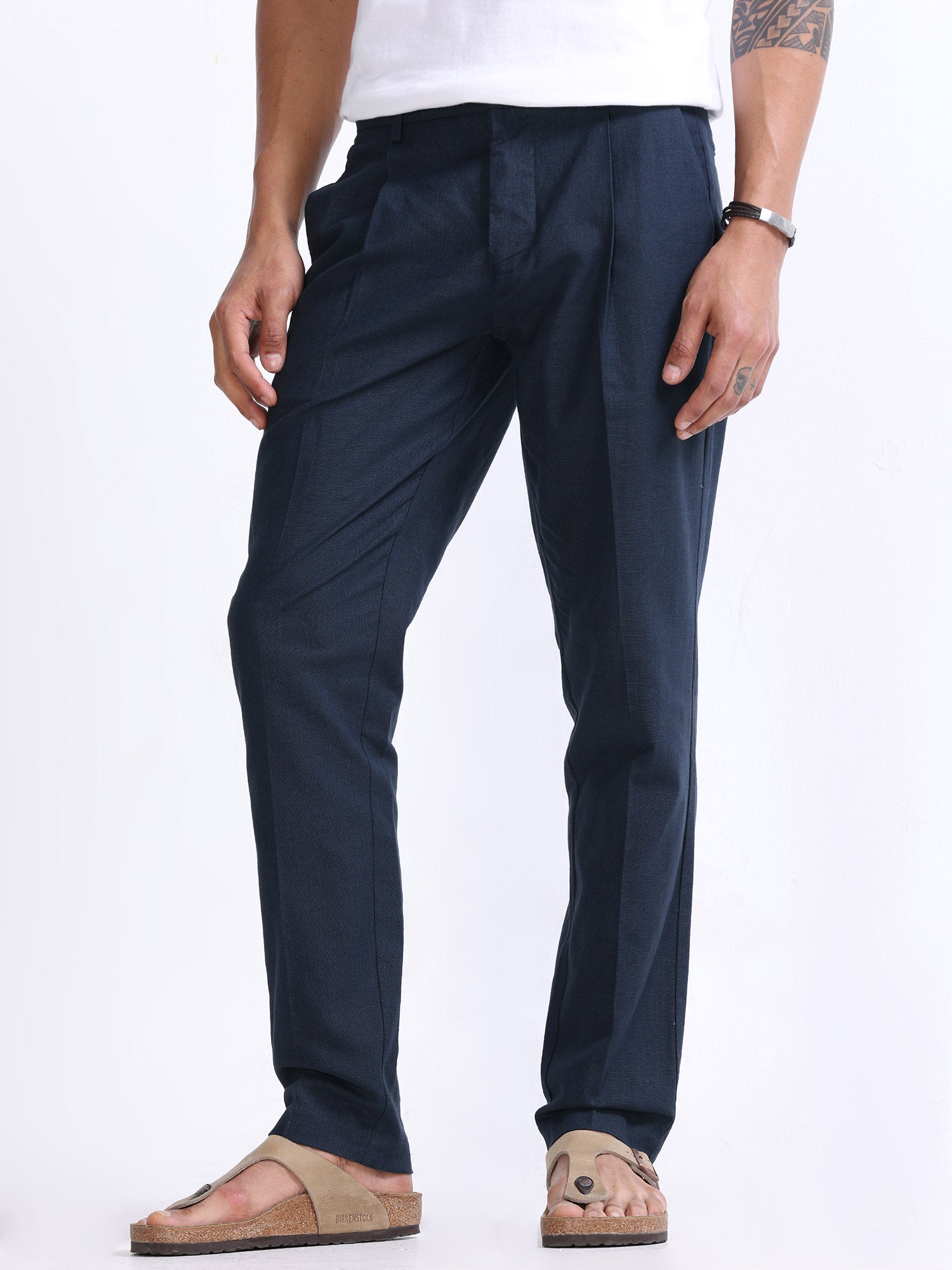 Raw Slub Navy Pleated Pant Navy mens linen trousers