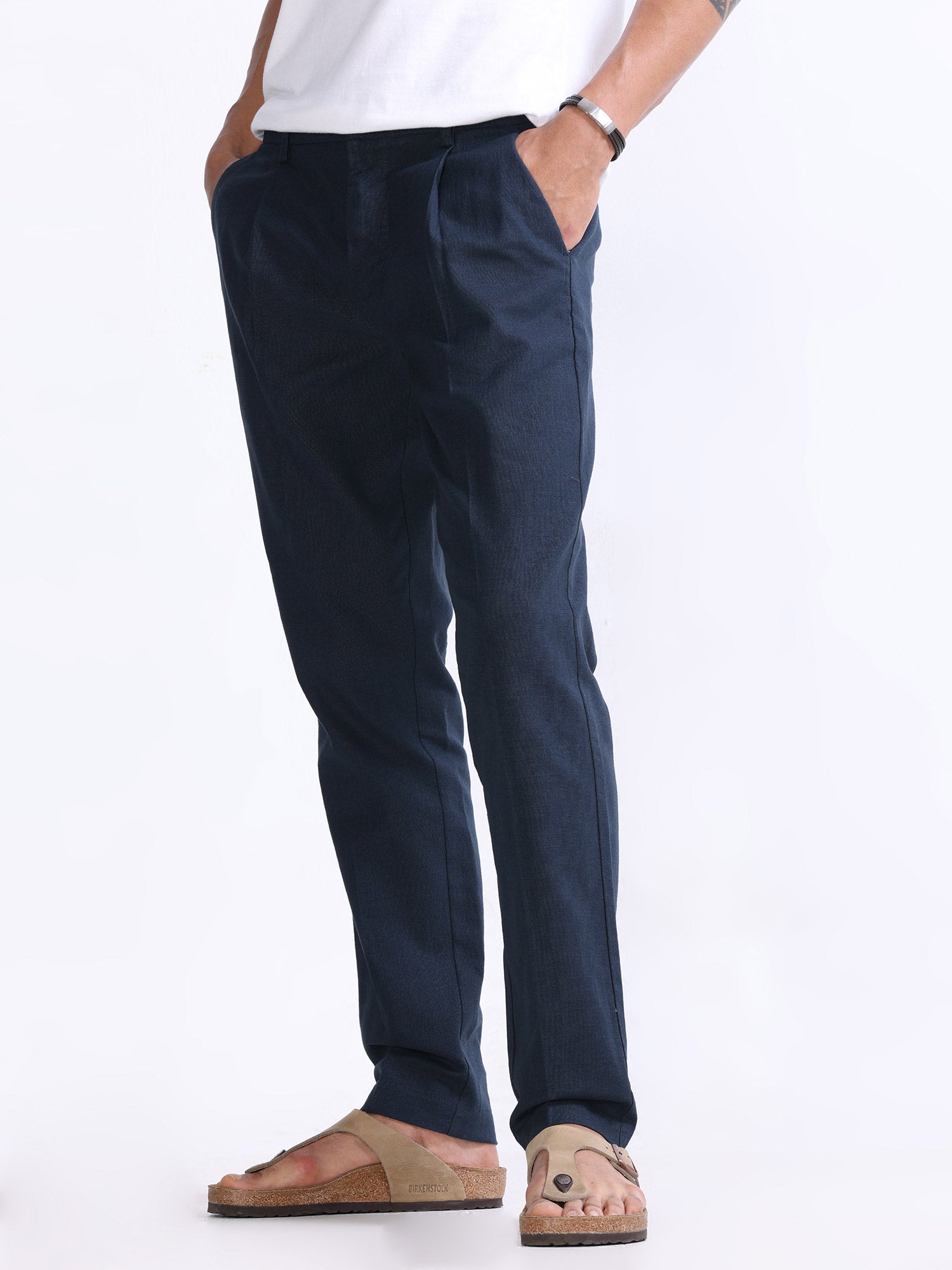 Raw Slub Navy Pleated Pant Navy mens linen trousers