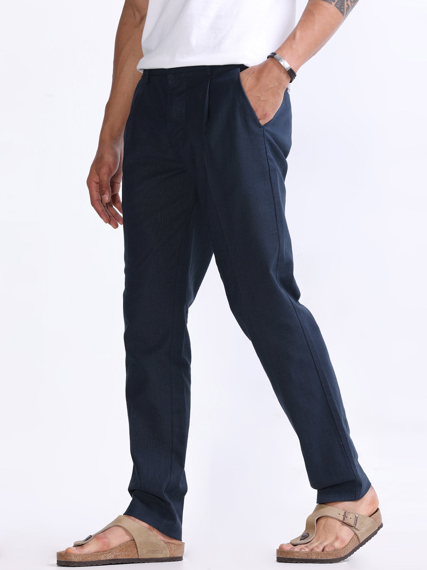 Raw Slub Navy Pleated Pant Navy mens linen trousers