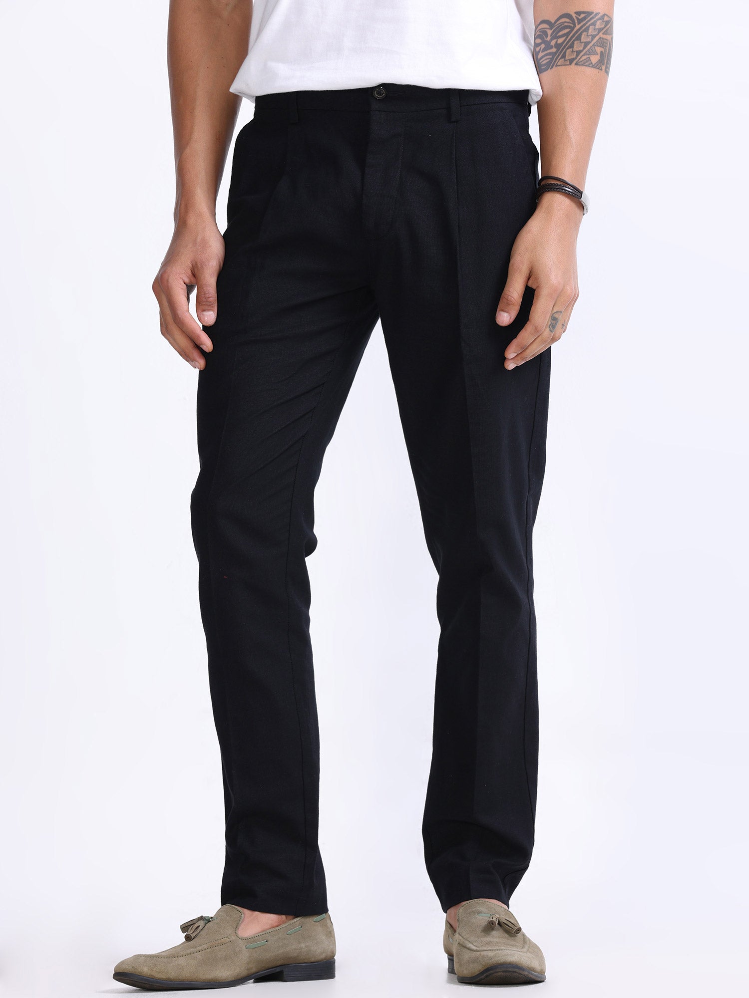 Raw Slub Black Pleated Pant mens black linen trousers