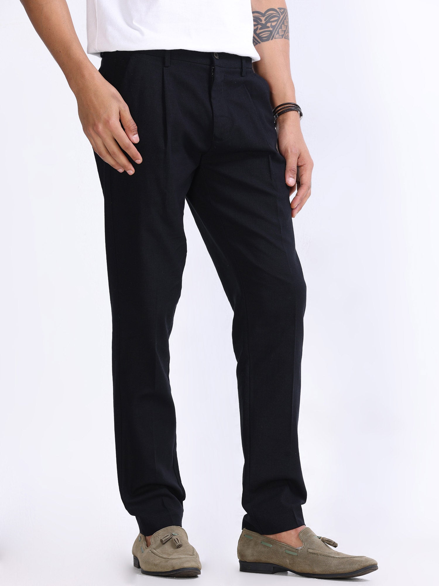 Raw Slub Black Pleated Pant mens black linen trousers