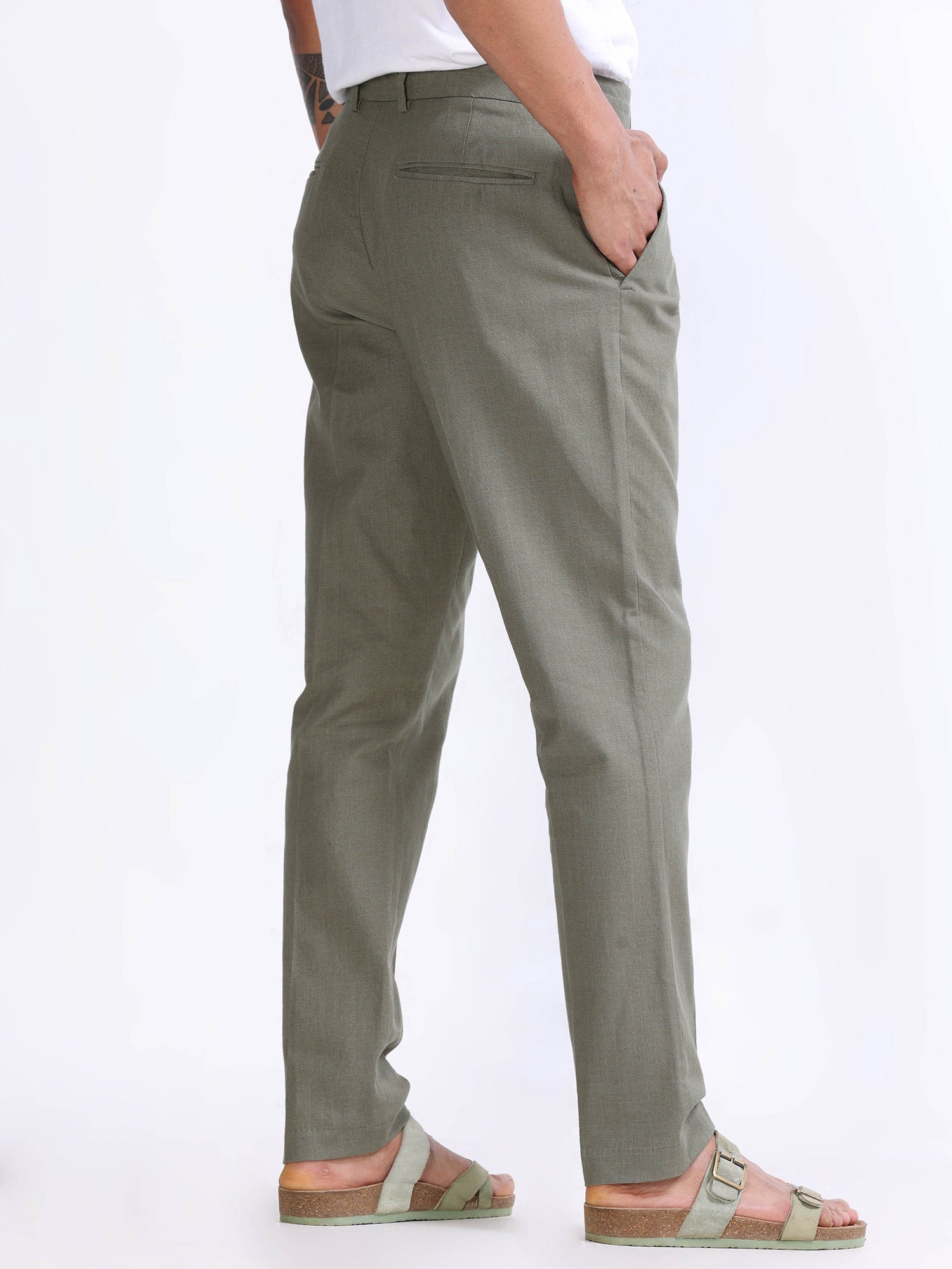 Raw Slub Pine Olive Pleated Pant cotton linen trousers mens