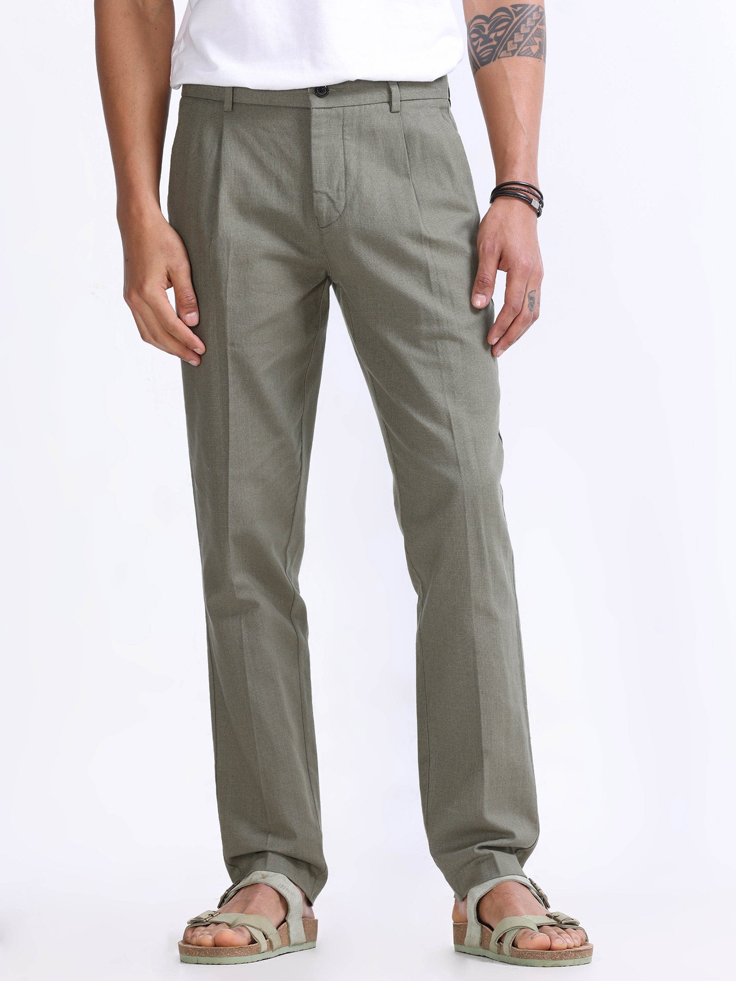 Raw Slub Pine Olive Pleated Pant cotton linen trousers mens