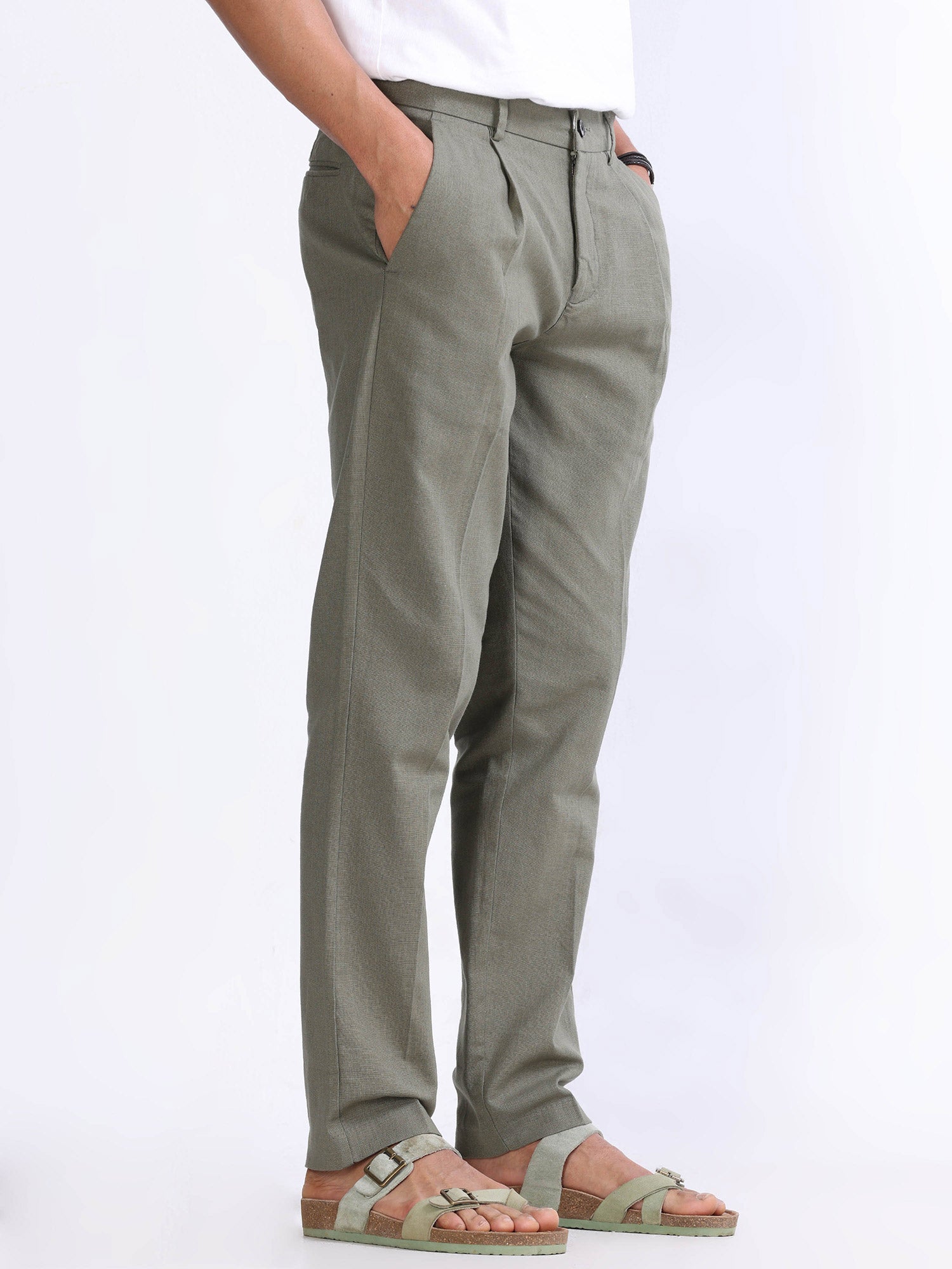 Raw Slub Pine Olive Pleated Pant cotton linen trousers mens