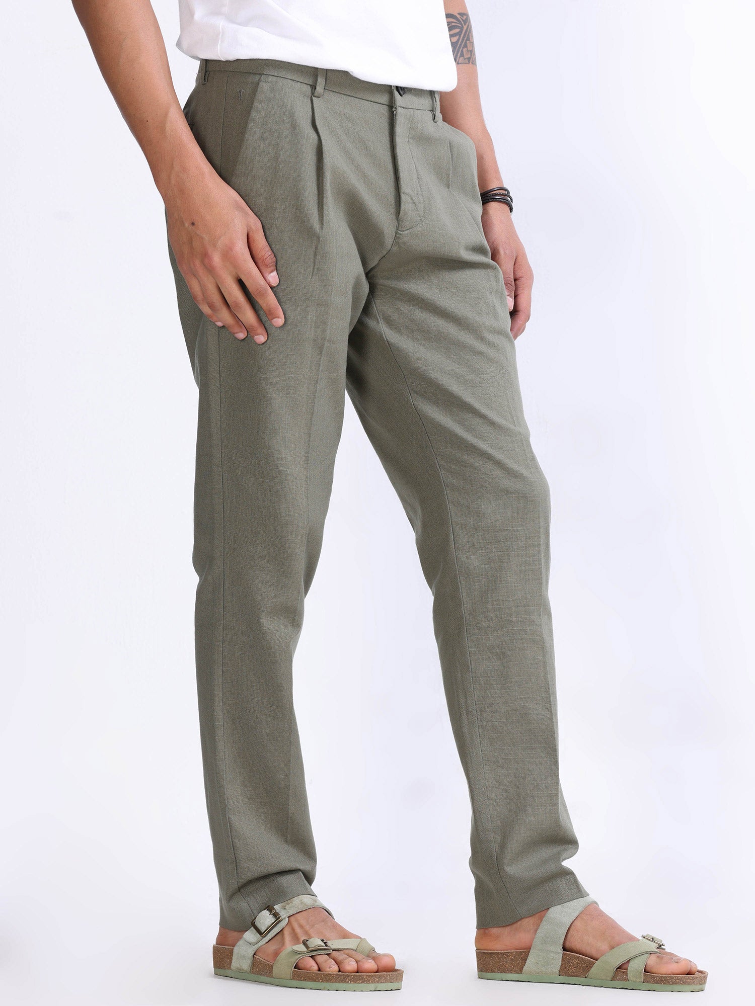 Raw Slub Pine Olive Pleated Pant cotton linen trousers mens