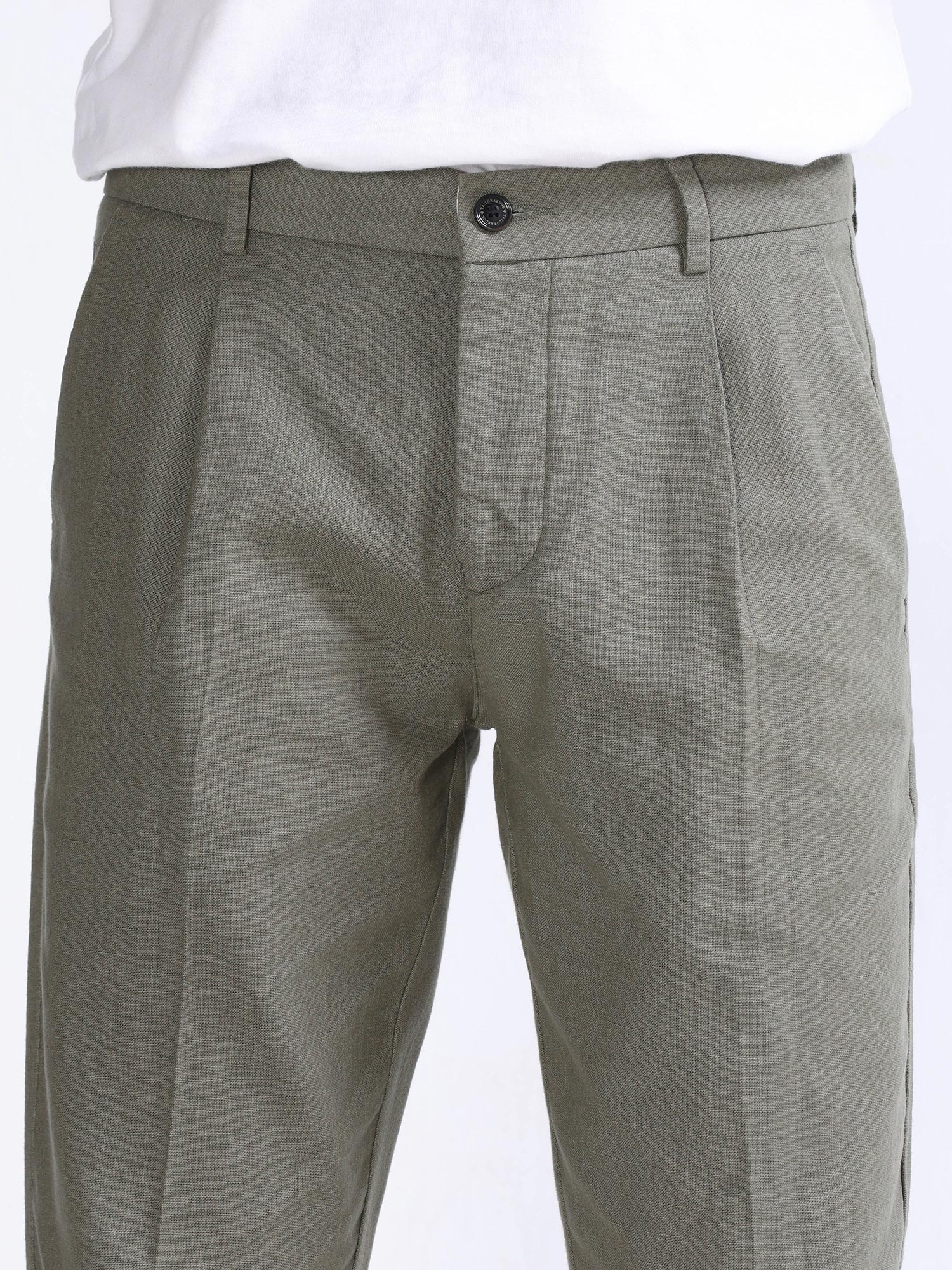 Raw Slub Pine Olive Pleated Pant cotton linen trousers mens
