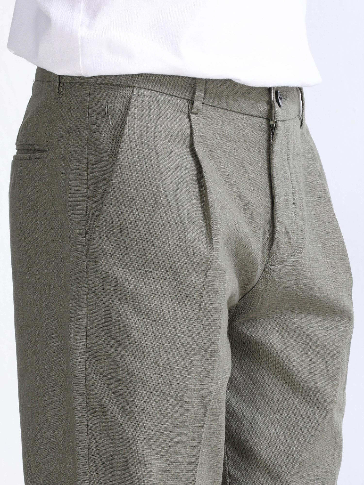 Raw Slub Pine Olive Pleated Pant cotton linen trousers mens