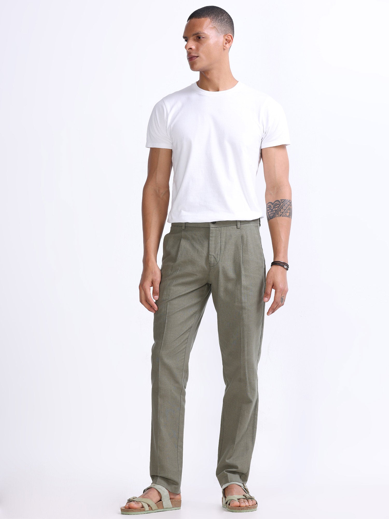 Raw Slub Pine Olive Pleated Pant cotton linen trousers mens