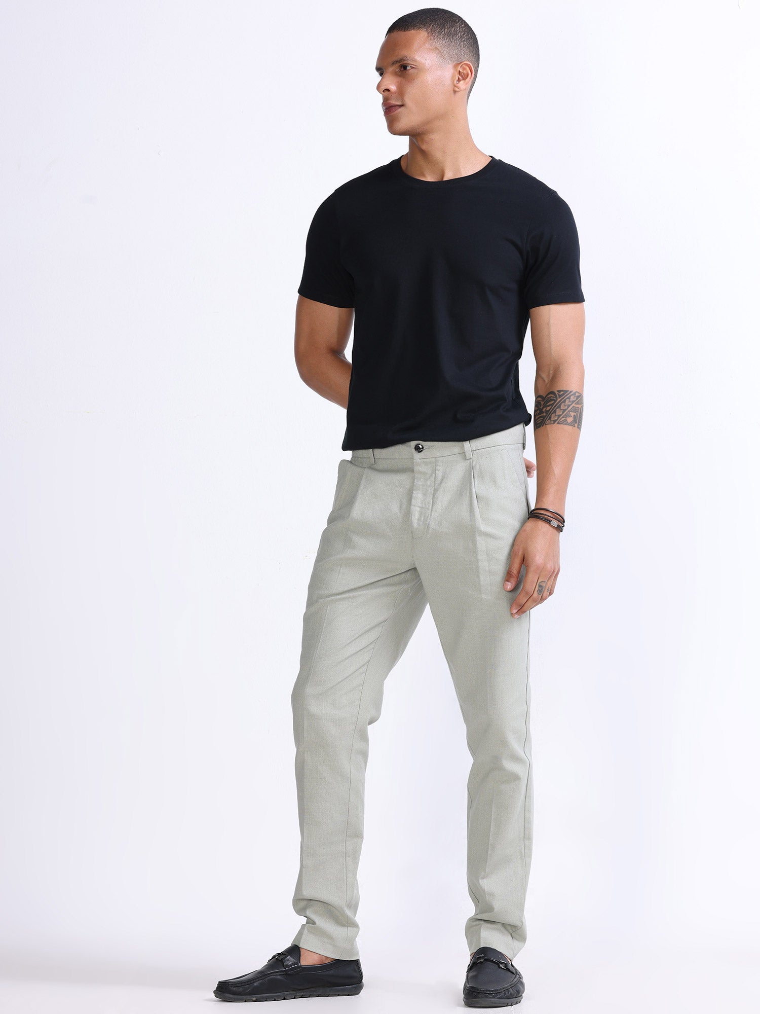 Raw Slub Pistachio Pleated Pant linen trousers